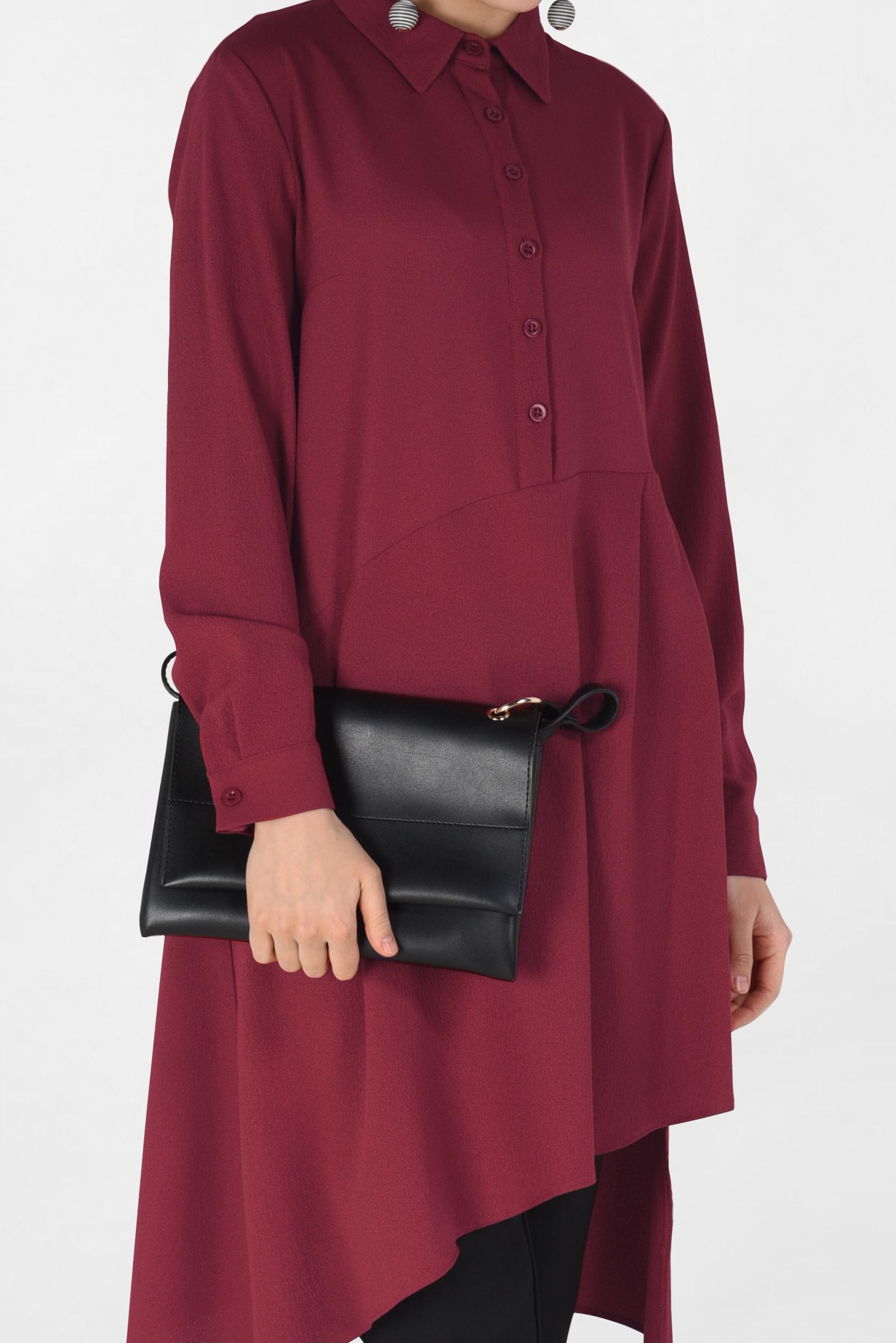 Tesettür giyim BORDO ASİMETRİK KESİM PİLE DETAYLI TUNİK 4706