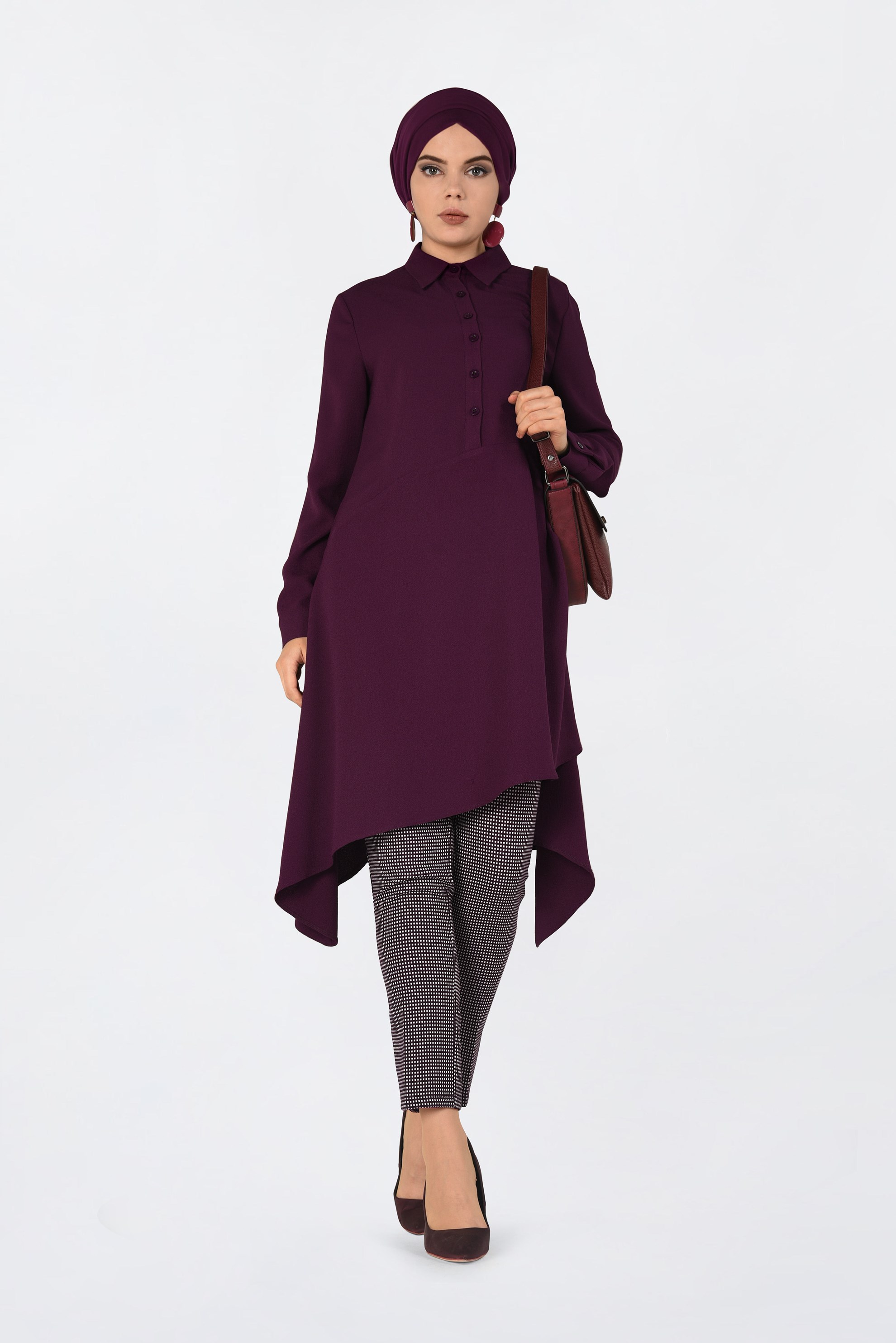 Tesettür giyim BORDO ASİMETRİK KESİM PİLE DETAYLI TUNİK 4706