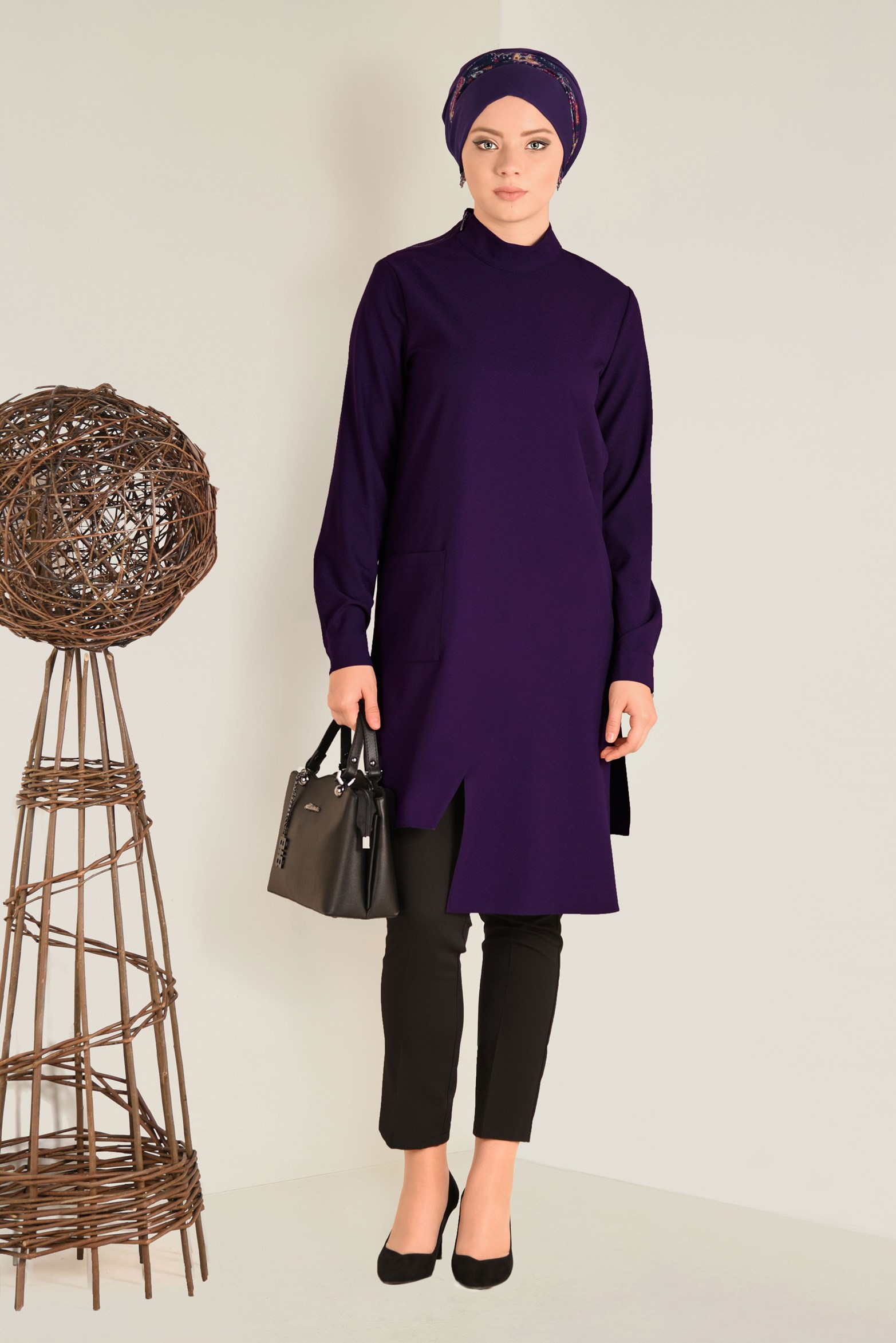 Tesettür giyim MOR ASİMETRİK  KESİM TUNİK 4709 