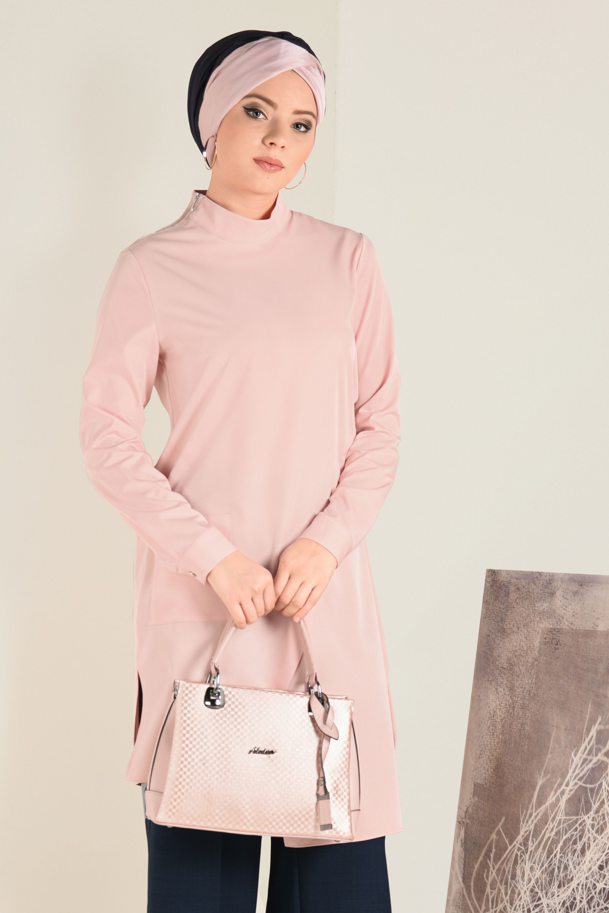 Tesettür giyim PUDRA ASİMETRİK  KESİM TUNİK 4709 