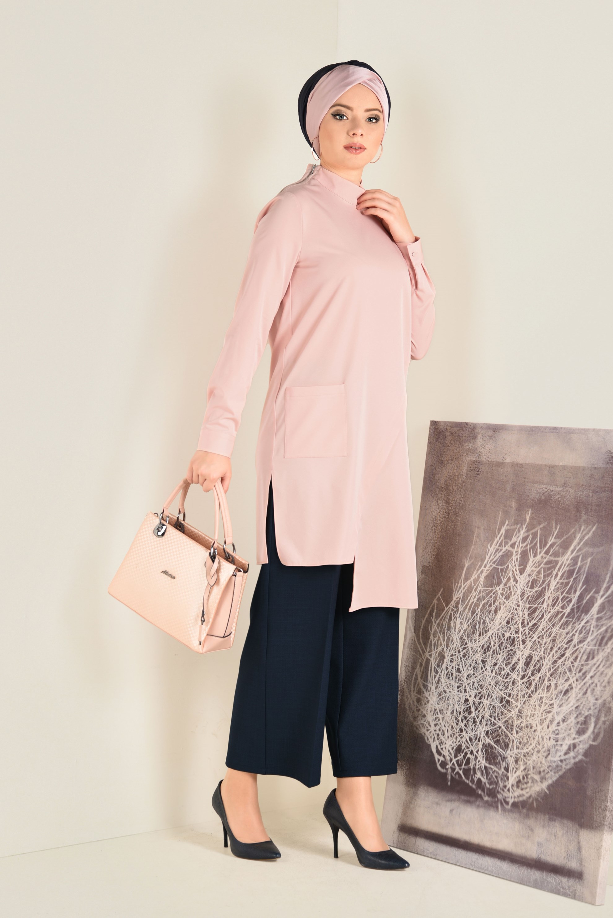 Tesettür giyim PUDRA ASİMETRİK  KESİM TUNİK 4709 