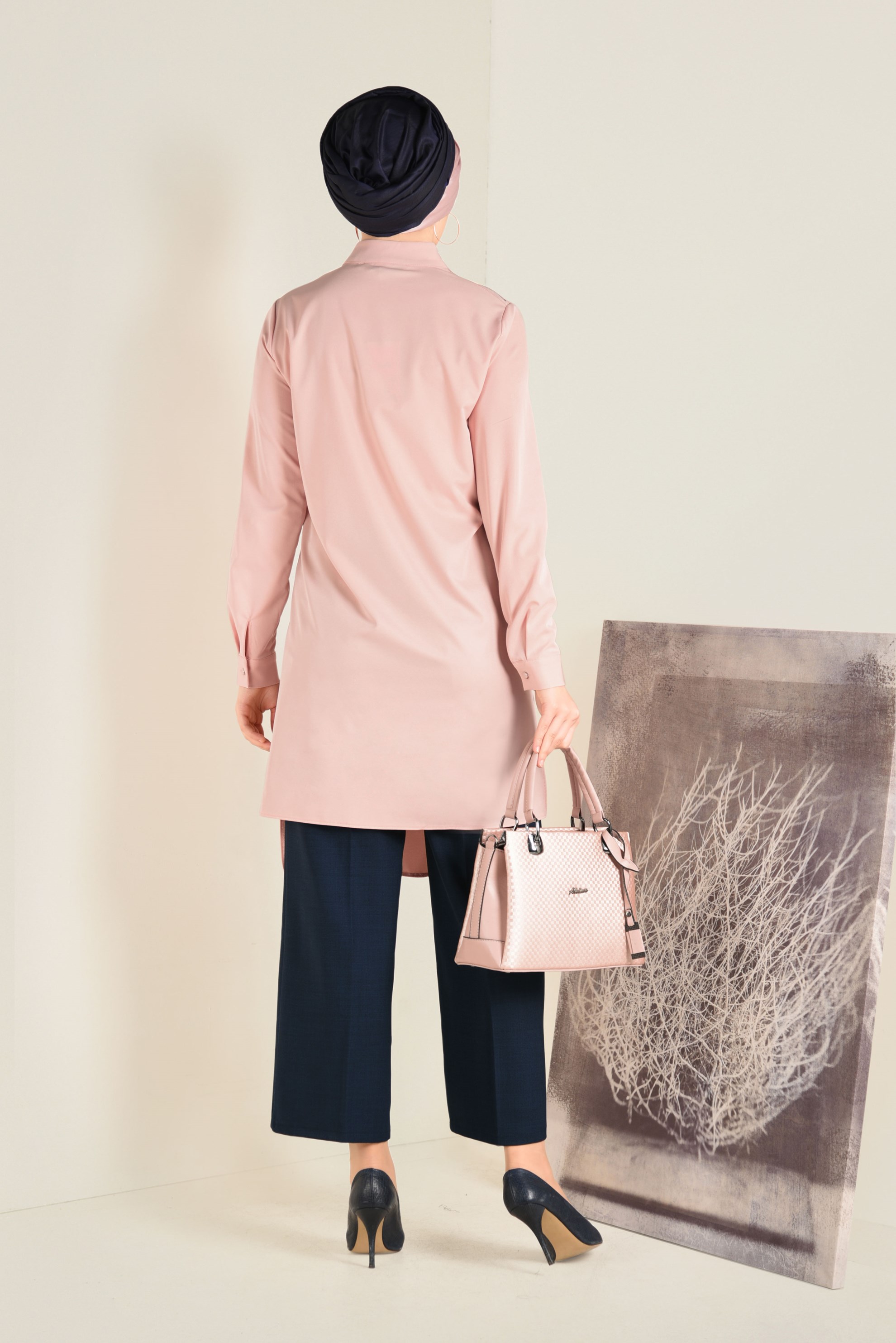 Tesettür giyim PUDRA ASİMETRİK  KESİM TUNİK 4709 