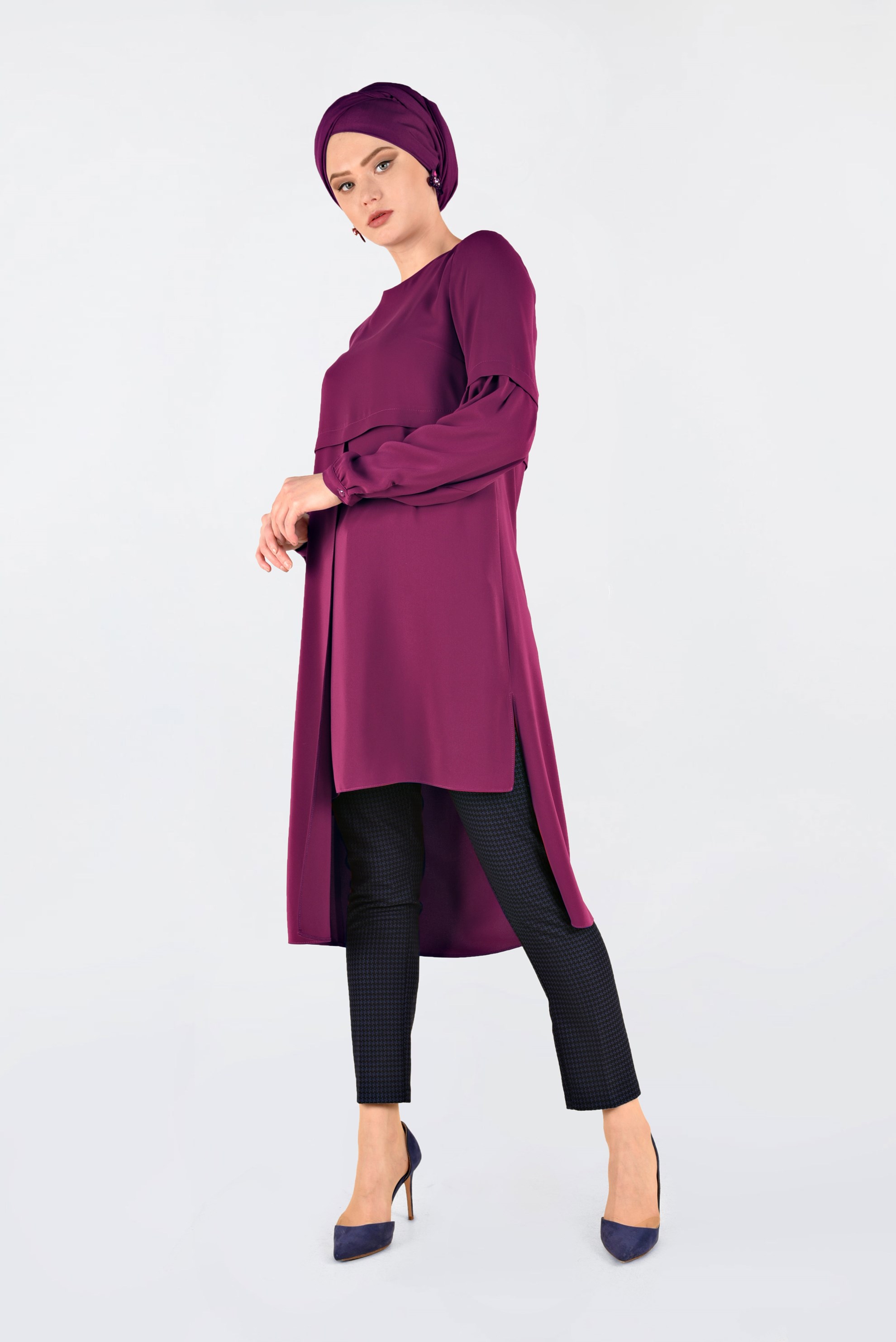 Tesettür giyim MOR ASİMETRİK KESİM TUNİK 4710 