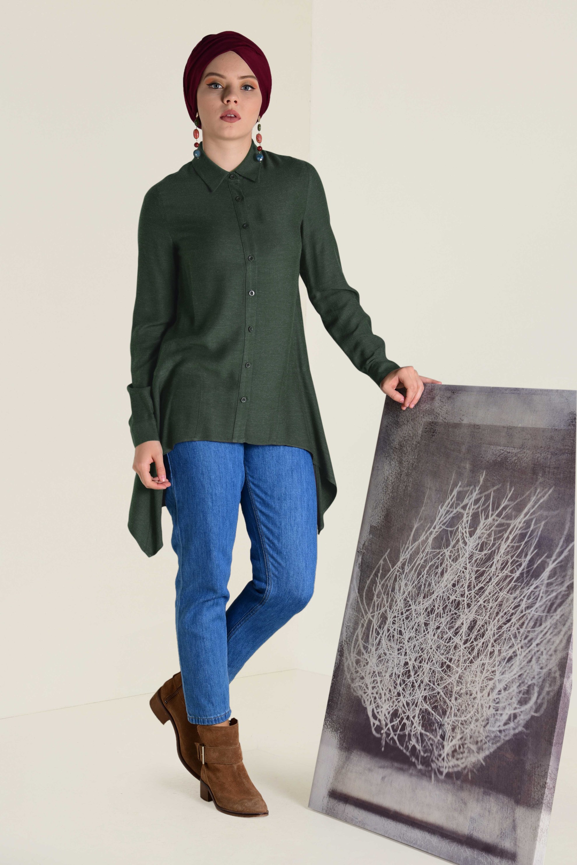 Tesettür giyim HAKİ ASİMETRİK KESİM TUNİK 4711