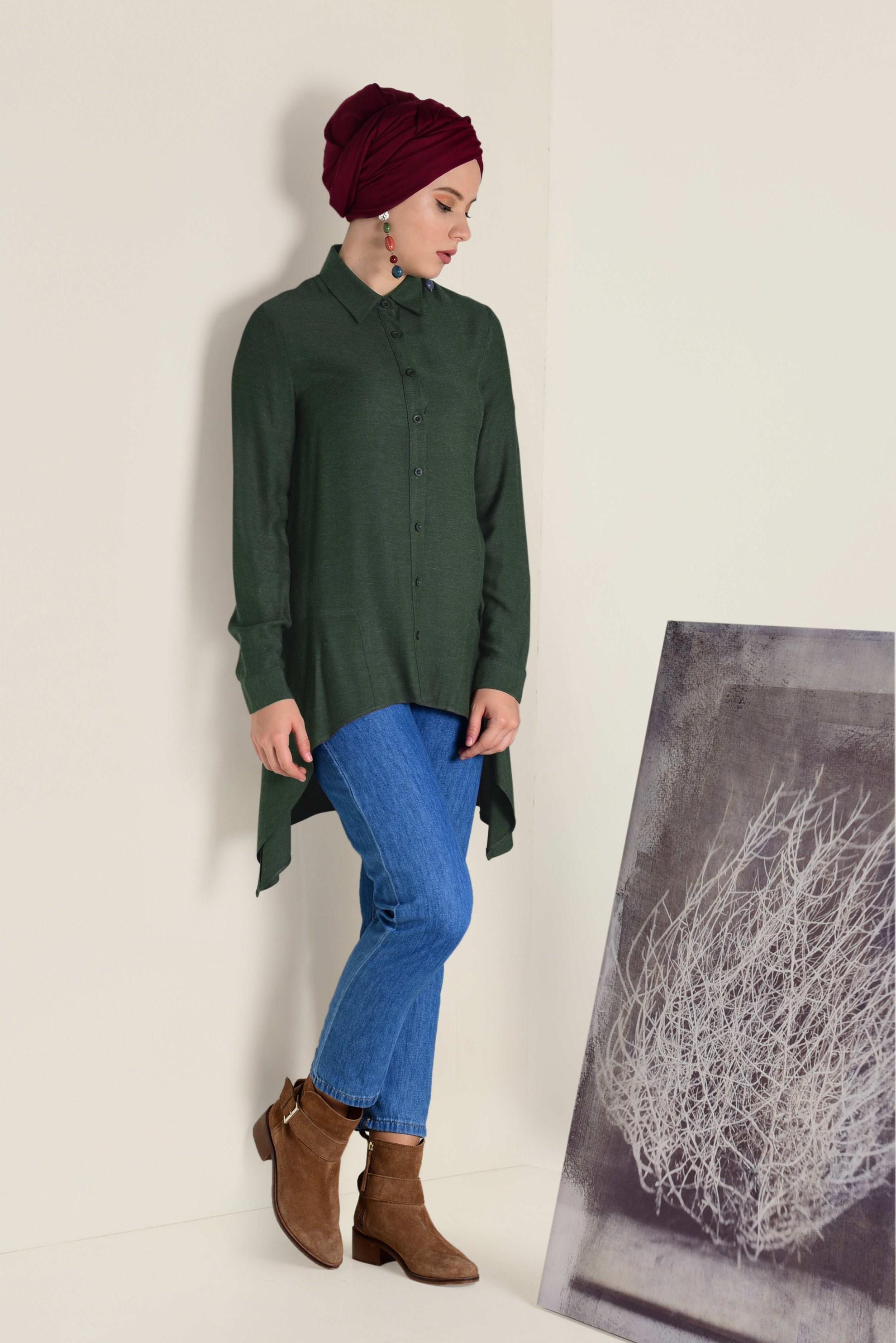 Tesettür giyim HAKİ ASİMETRİK KESİM TUNİK 4711