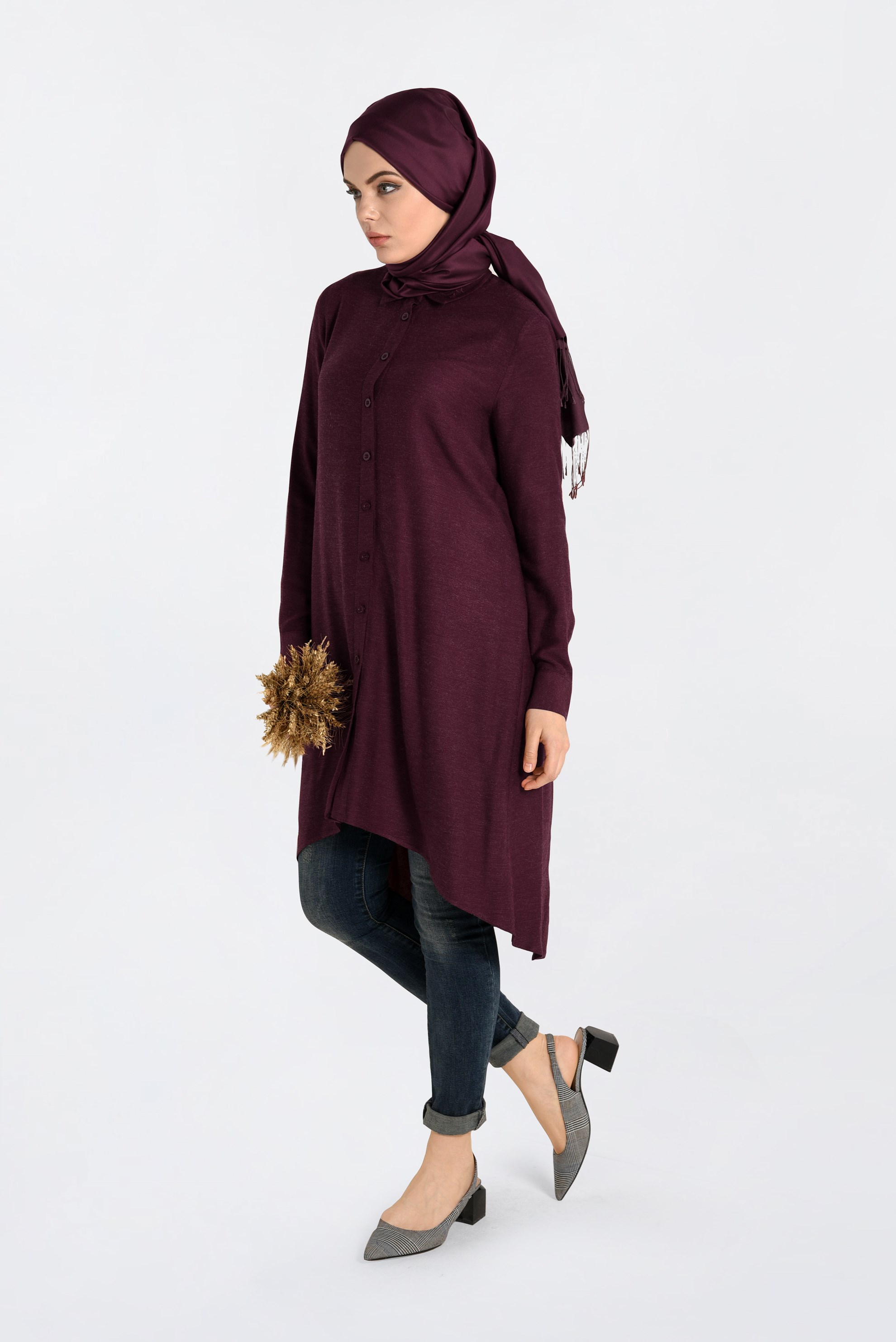 Tesettür giyim BORDO NAKIŞ DETAYLI DÜĞMELİ TUNİK 4720