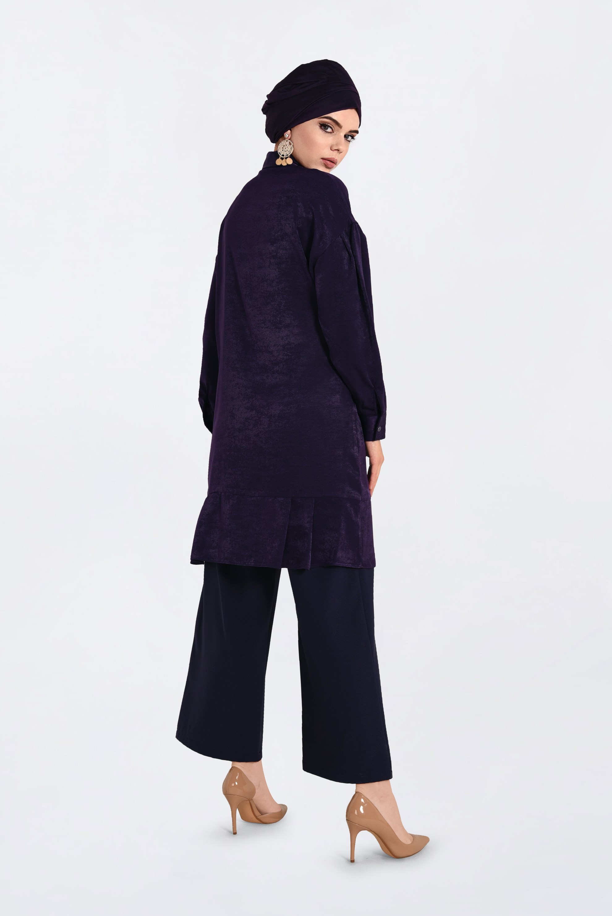 Tesettür giyim MOR ÖNÜ NAKIŞ DETAYLI ETEK UCU FIRFIRLI TUNİK 4721 