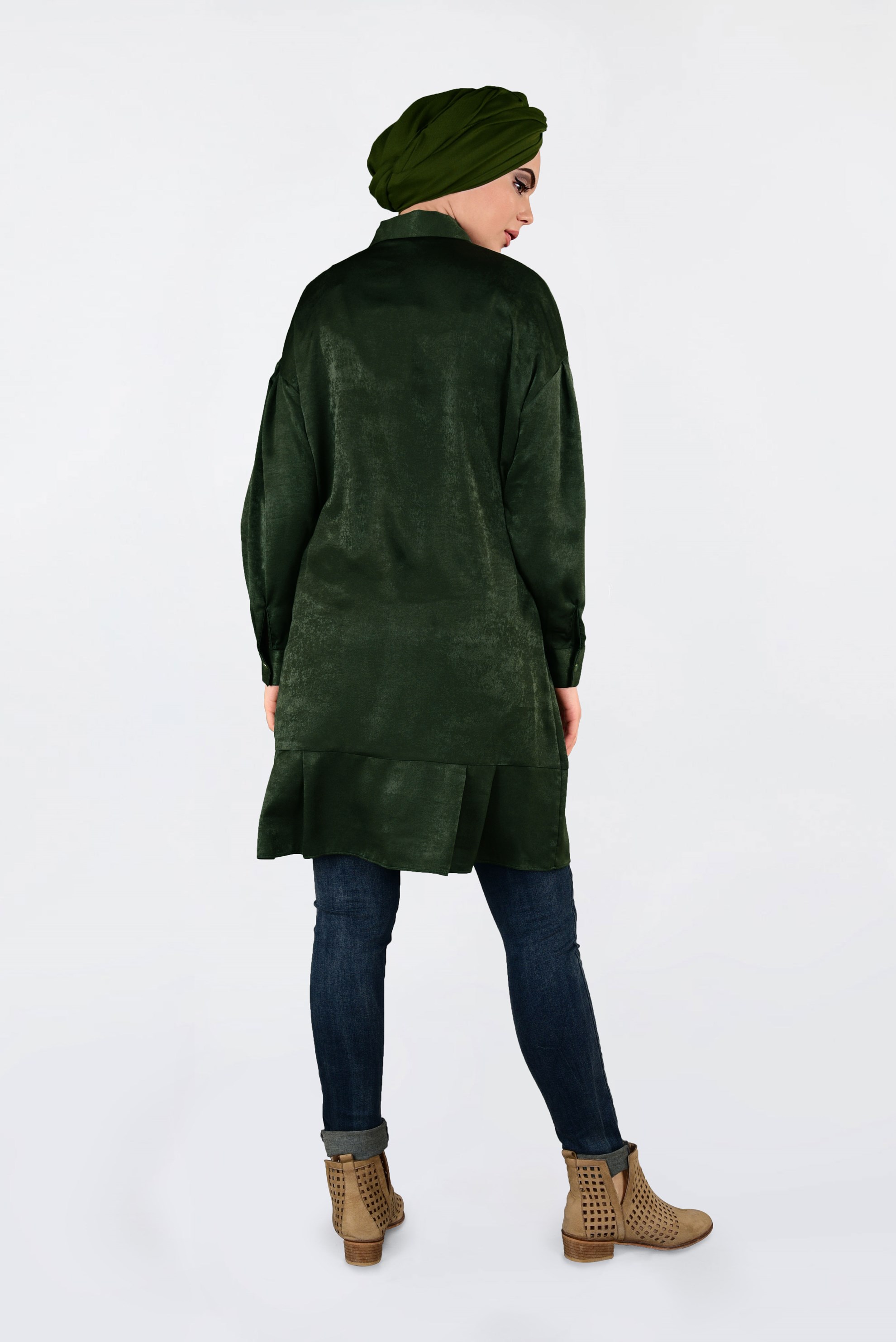 Tesettür giyim HAKİ ÖNÜ NAKIŞ DETAYLI ETEK UCU FIRFIRLI TUNİK 4721 