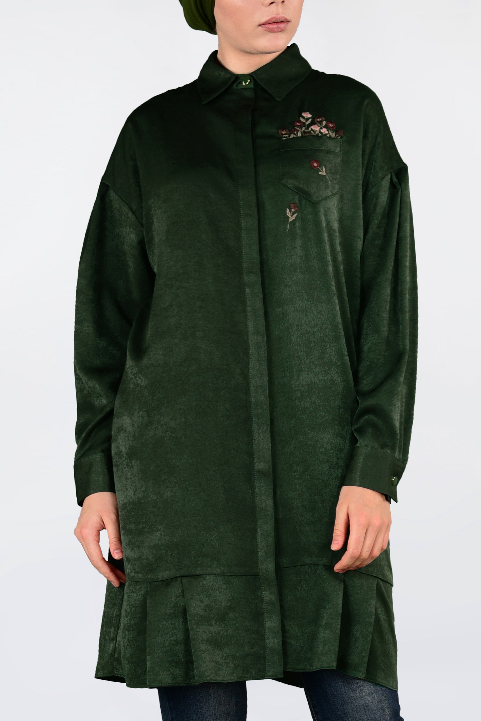 Tesettür giyim HAKİ ÖNÜ NAKIŞ DETAYLI ETEK UCU FIRFIRLI TUNİK 4721 