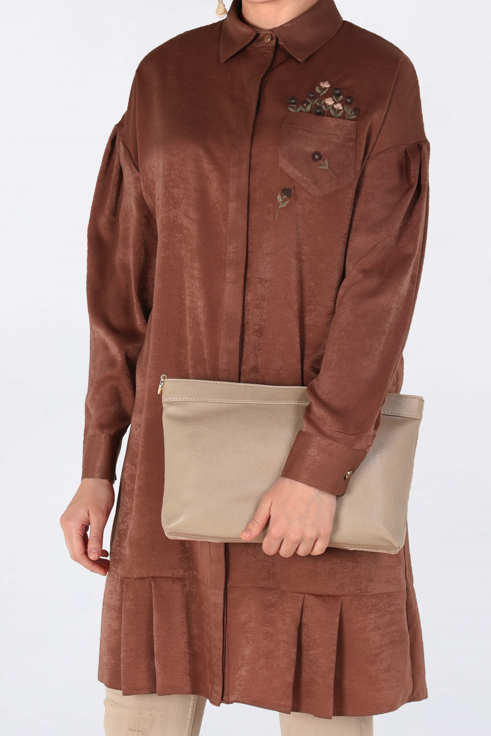 Tesettür giyim TURUNCU ÖNÜ NAKIŞ DETAYLI ETEK UCU FIRFIRLI TUNİK 4721 