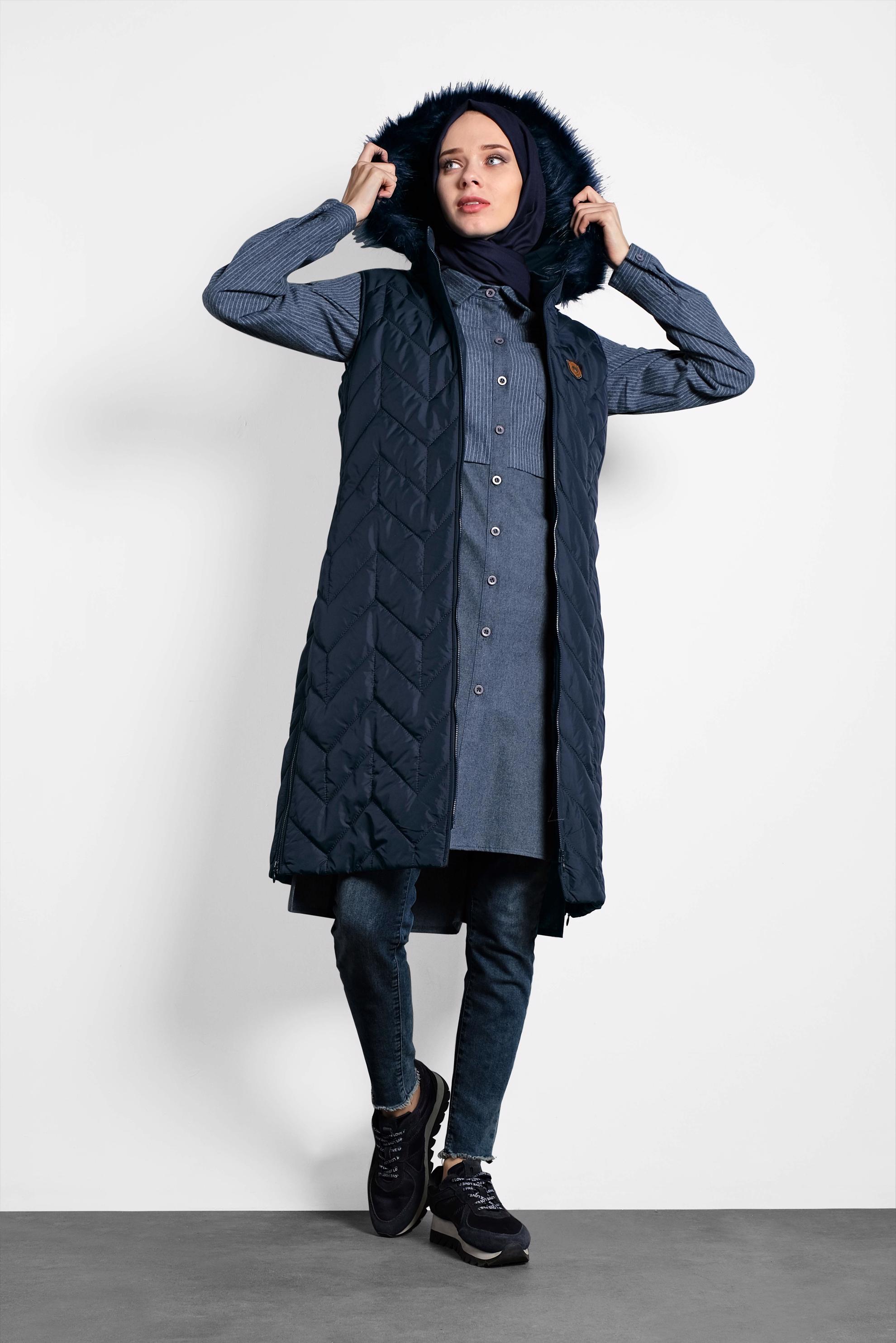 Tesettür giyim LACİVERT ÇİZGİ DETAYLI ERKEK YAKA TUNİK 4726