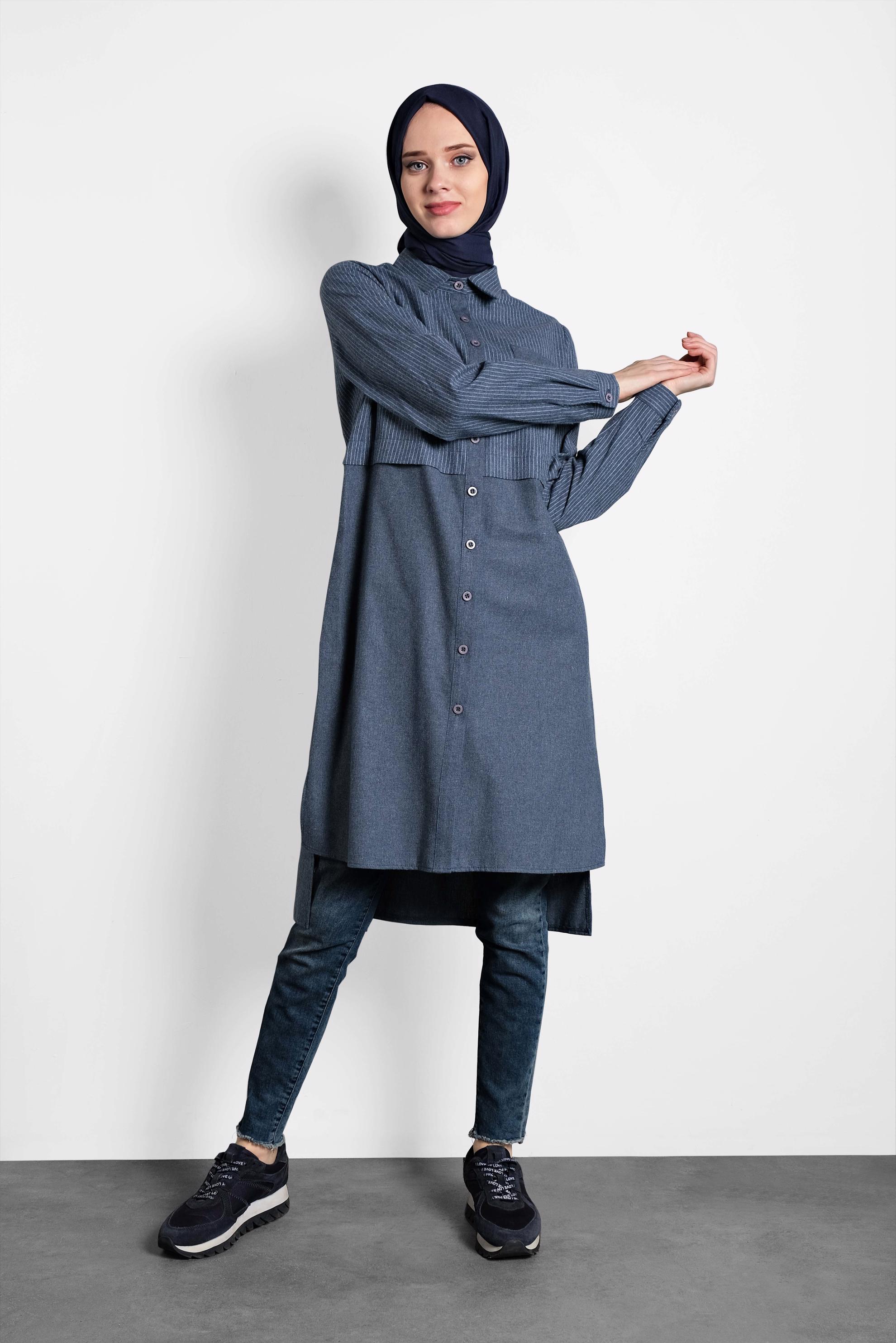 Tesettür giyim LACİVERT ÇİZGİ DETAYLI ERKEK YAKA TUNİK 4726