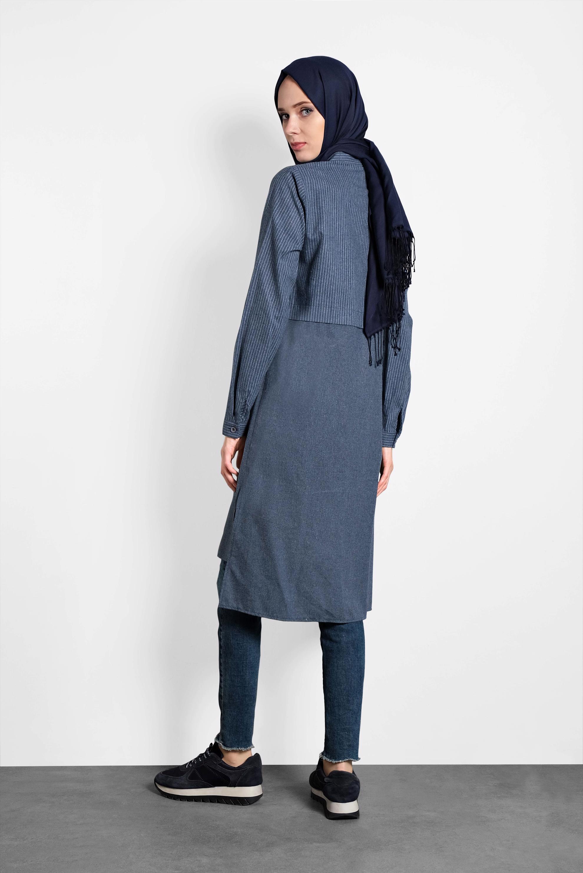 Tesettür giyim LACİVERT ÇİZGİ DETAYLI ERKEK YAKA TUNİK 4726