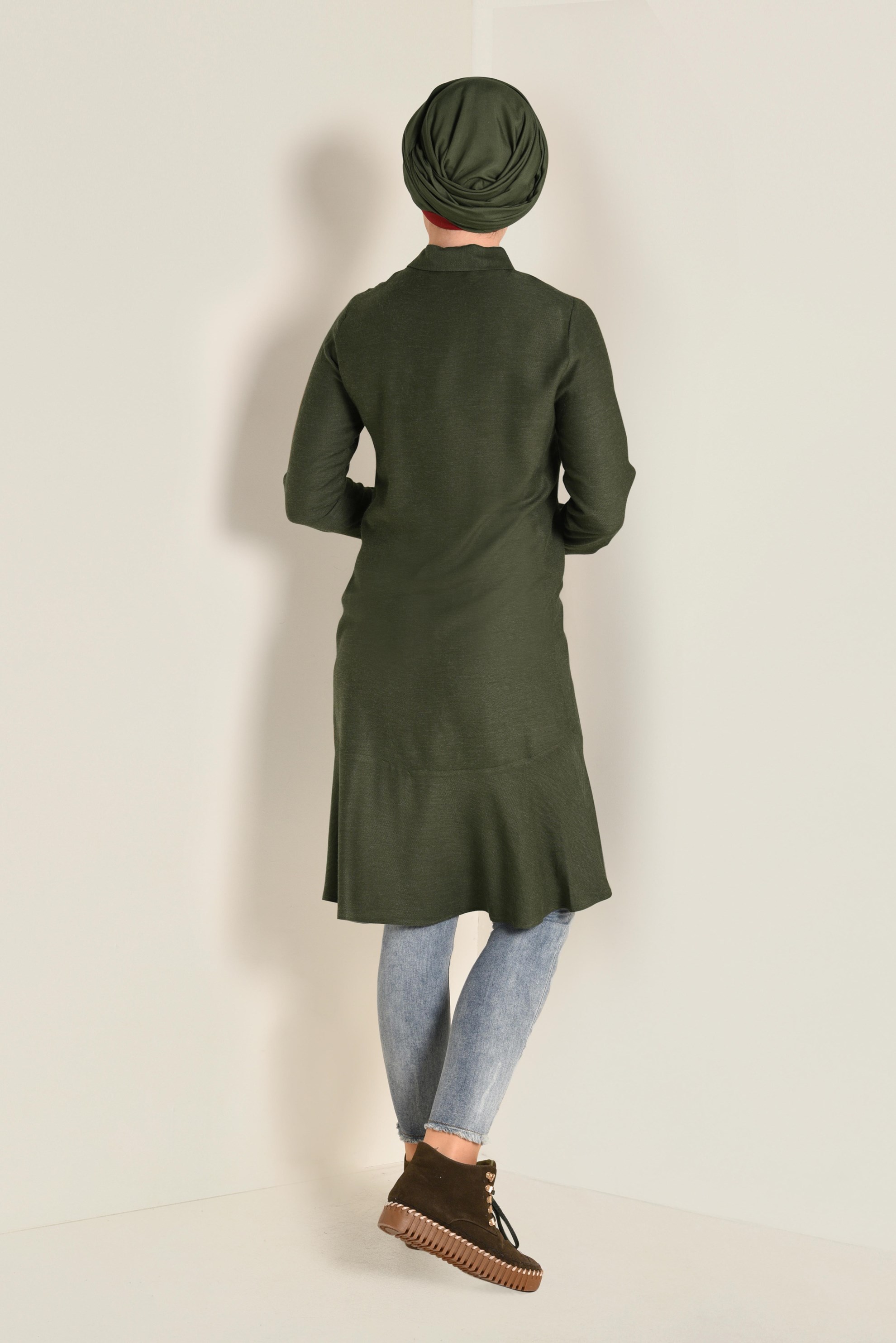 Tesettür giyim HAKİ İŞLEMELİ DÜĞMELİ TUNİK 4737