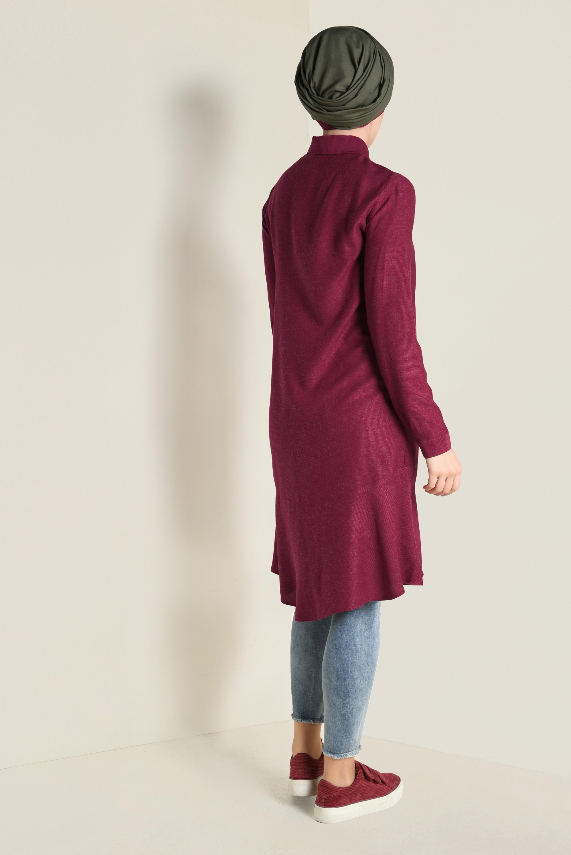 Tesettür giyim KIRMIZI İŞLEMELİ DÜĞMELİ TUNİK 4737