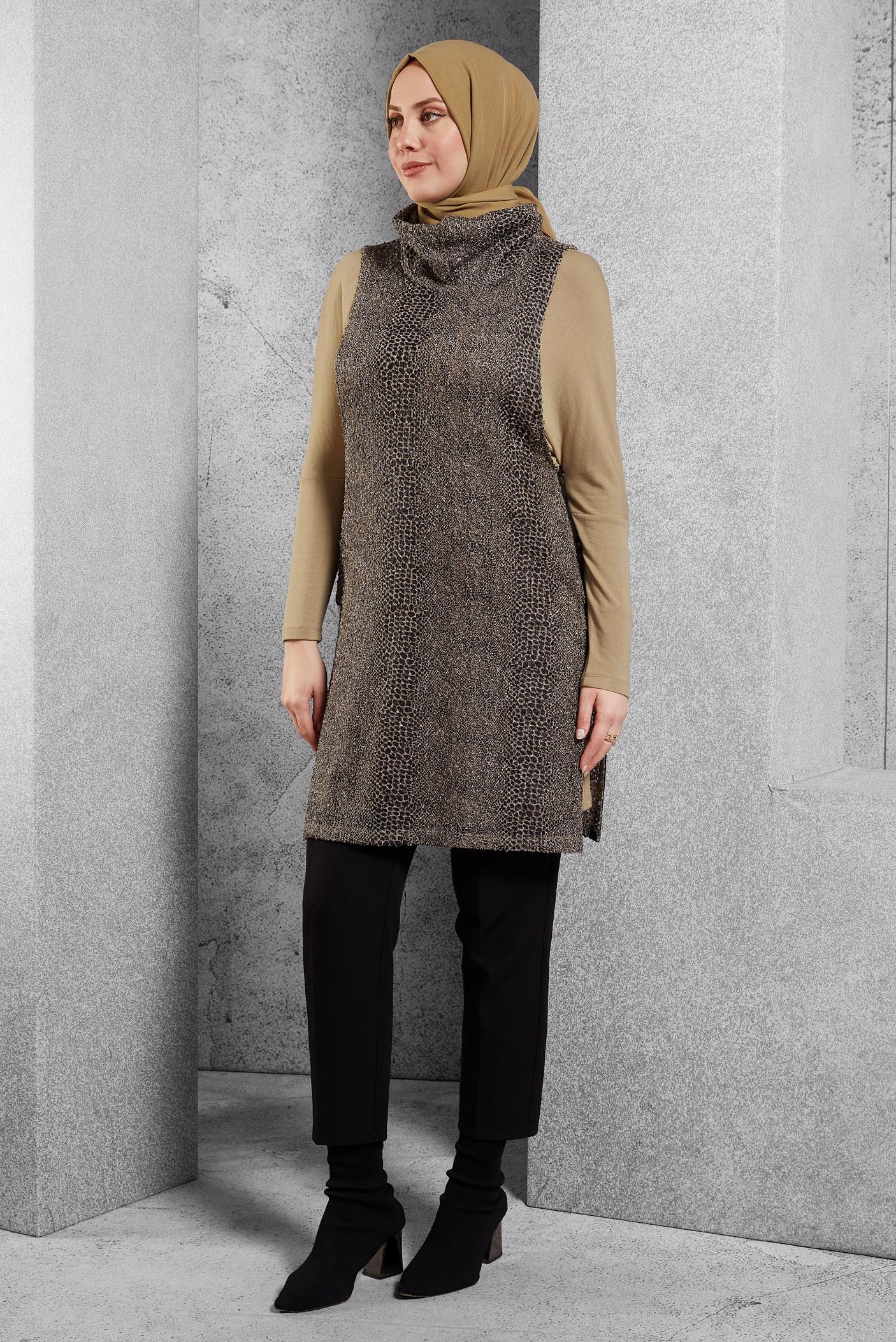 Tesettür giyim BEJ DESENLİ YELEKLİ TUNİK 4769