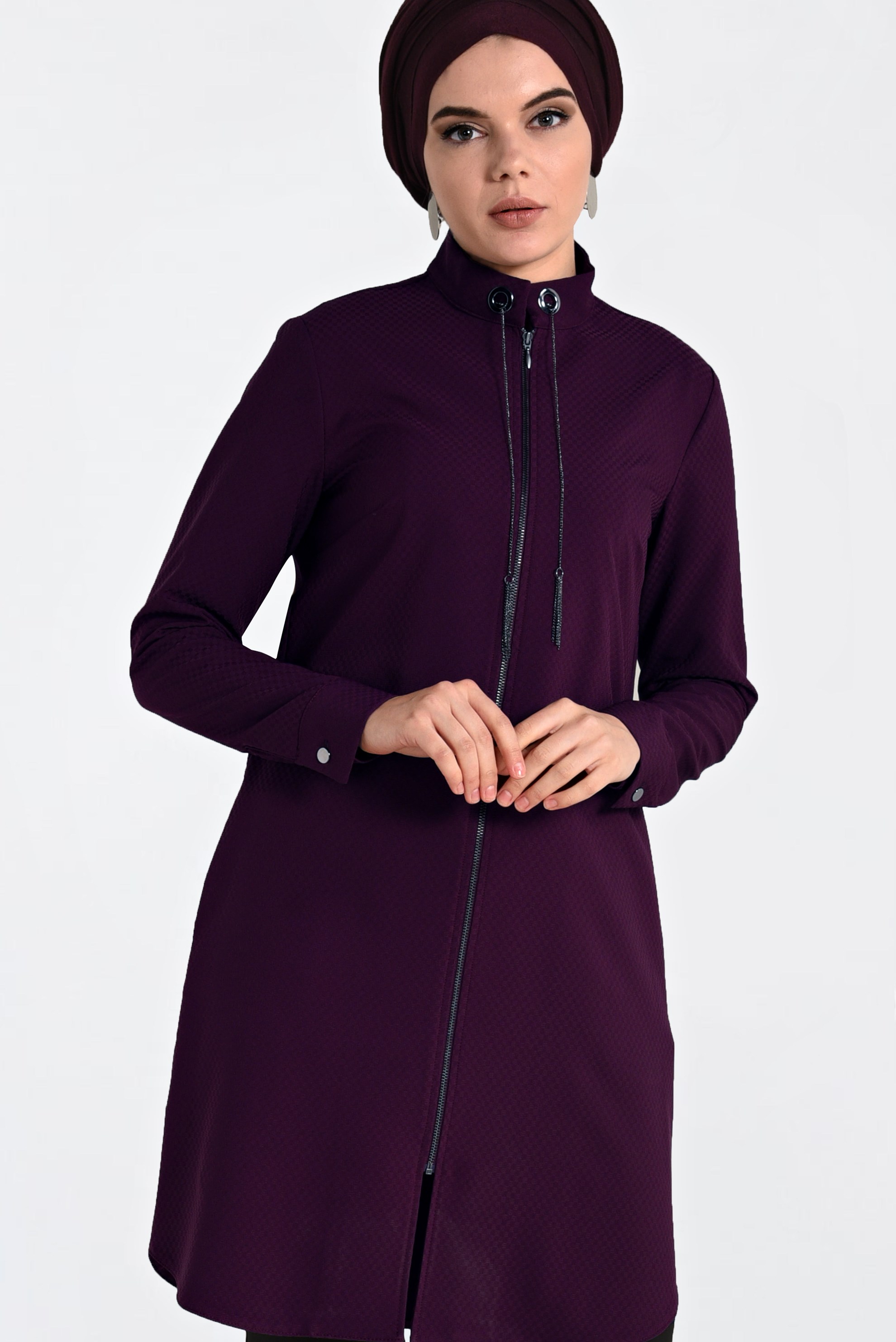 Tesettür giyim FUŞYA HAKİM YAKA BAĞCIKLARI ZİNCİR DETAYLI TUNİK 4772