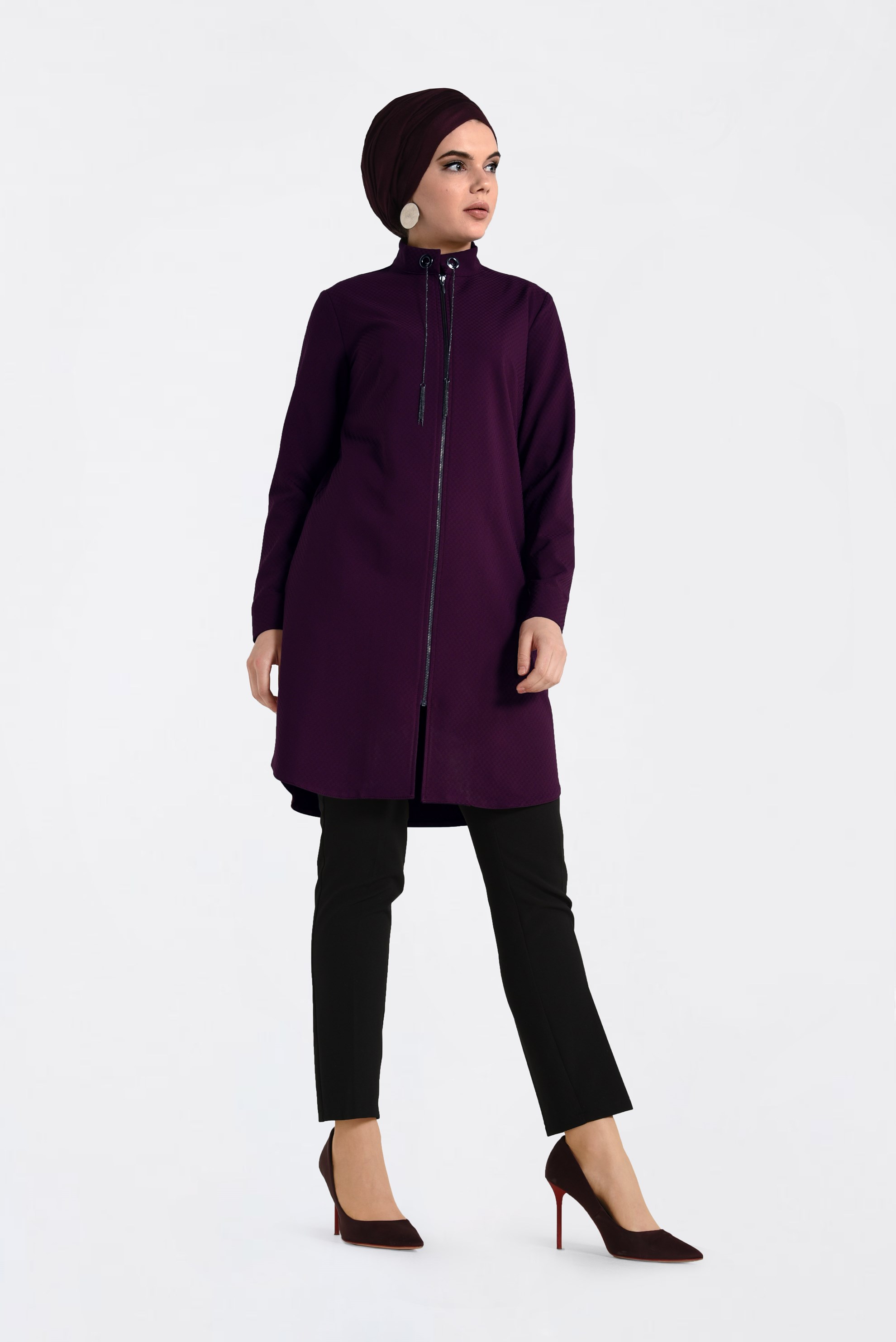 Tesettür giyim FUŞYA HAKİM YAKA BAĞCIKLARI ZİNCİR DETAYLI TUNİK 4772