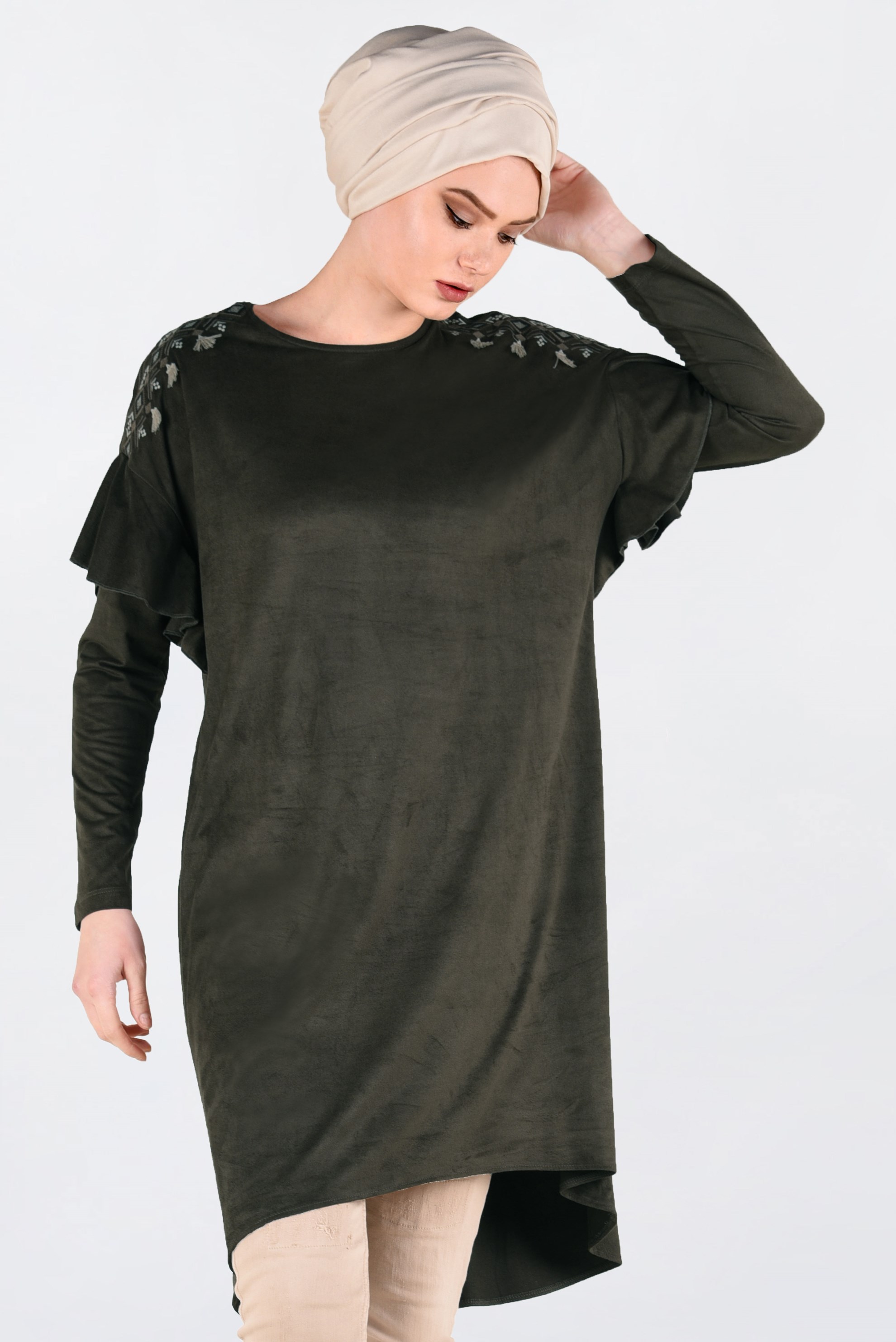 Tesettür giyim HAKİ OMUZLARI NAKIŞLI VOLANLI TUNİK 4777 