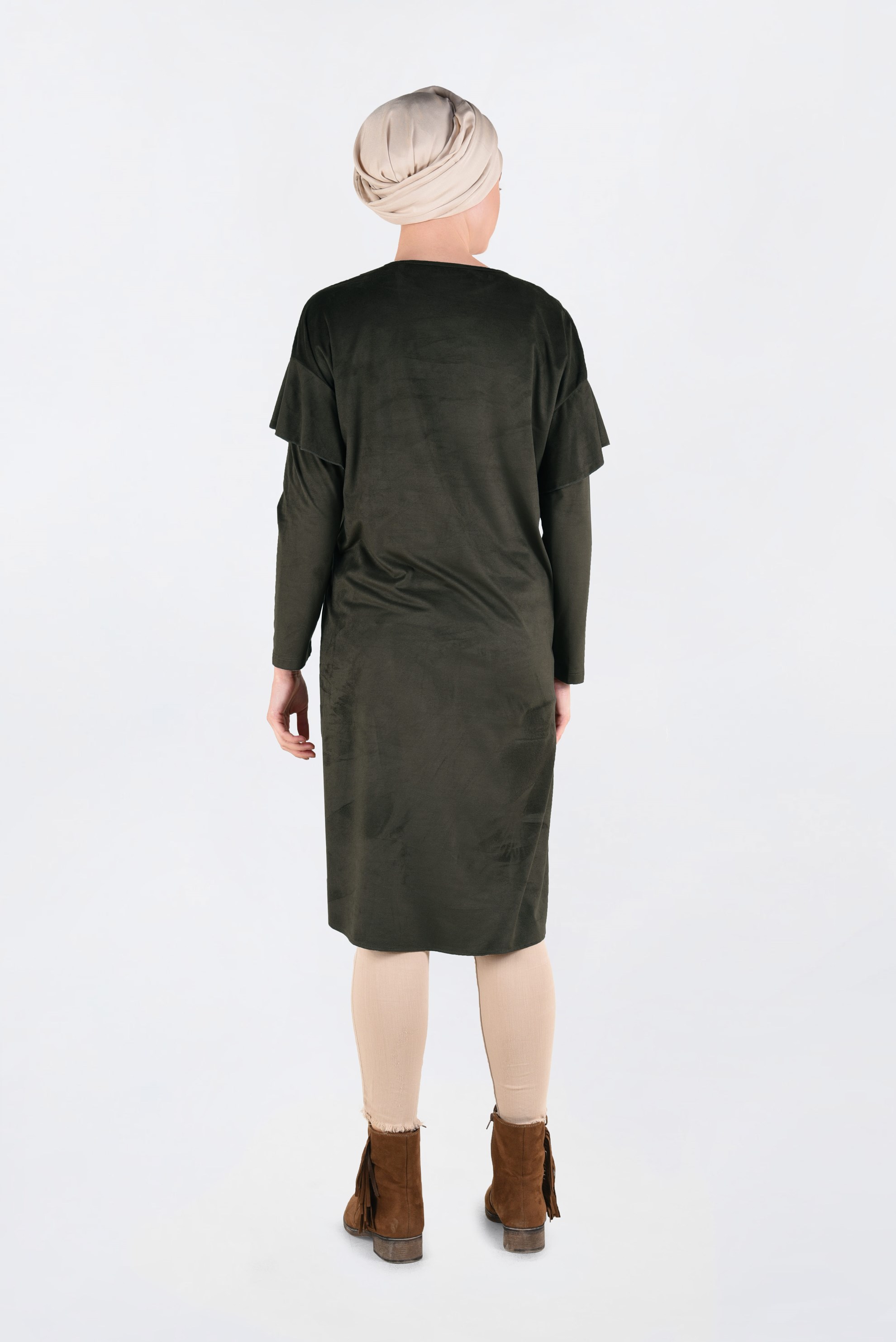 Tesettür giyim HAKİ OMUZLARI NAKIŞLI VOLANLI TUNİK 4777 