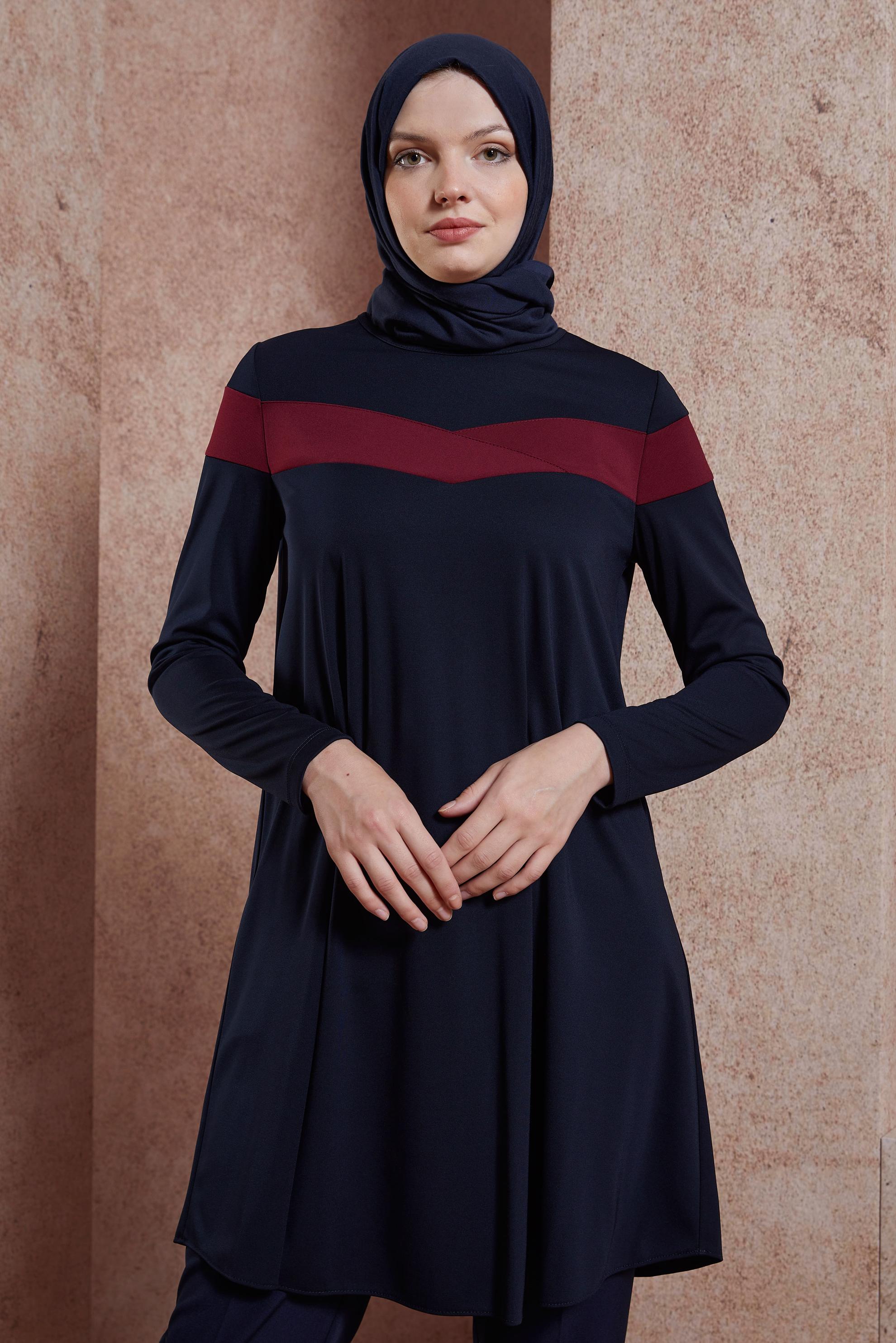 Tesettür giyim LACİVERT ŞERİT DETAYLI BİSİKLET YAKA TUNİK 4778 