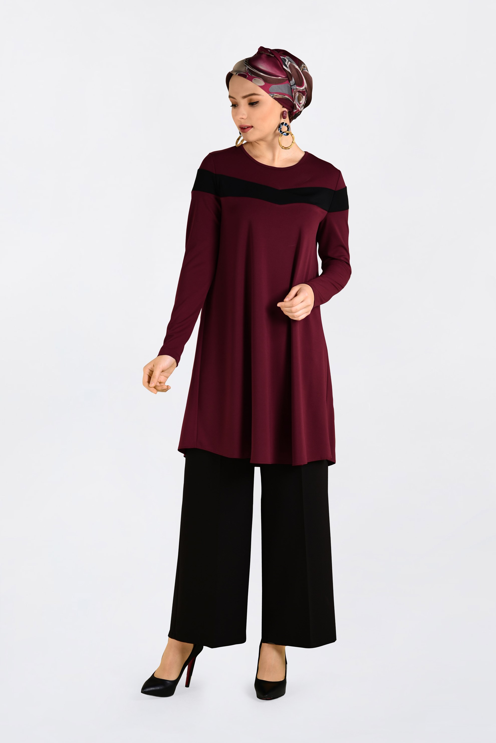 Tesettür giyim BORDO ŞERİT DETAYLI BİSİKLET YAKA TUNİK 4778 