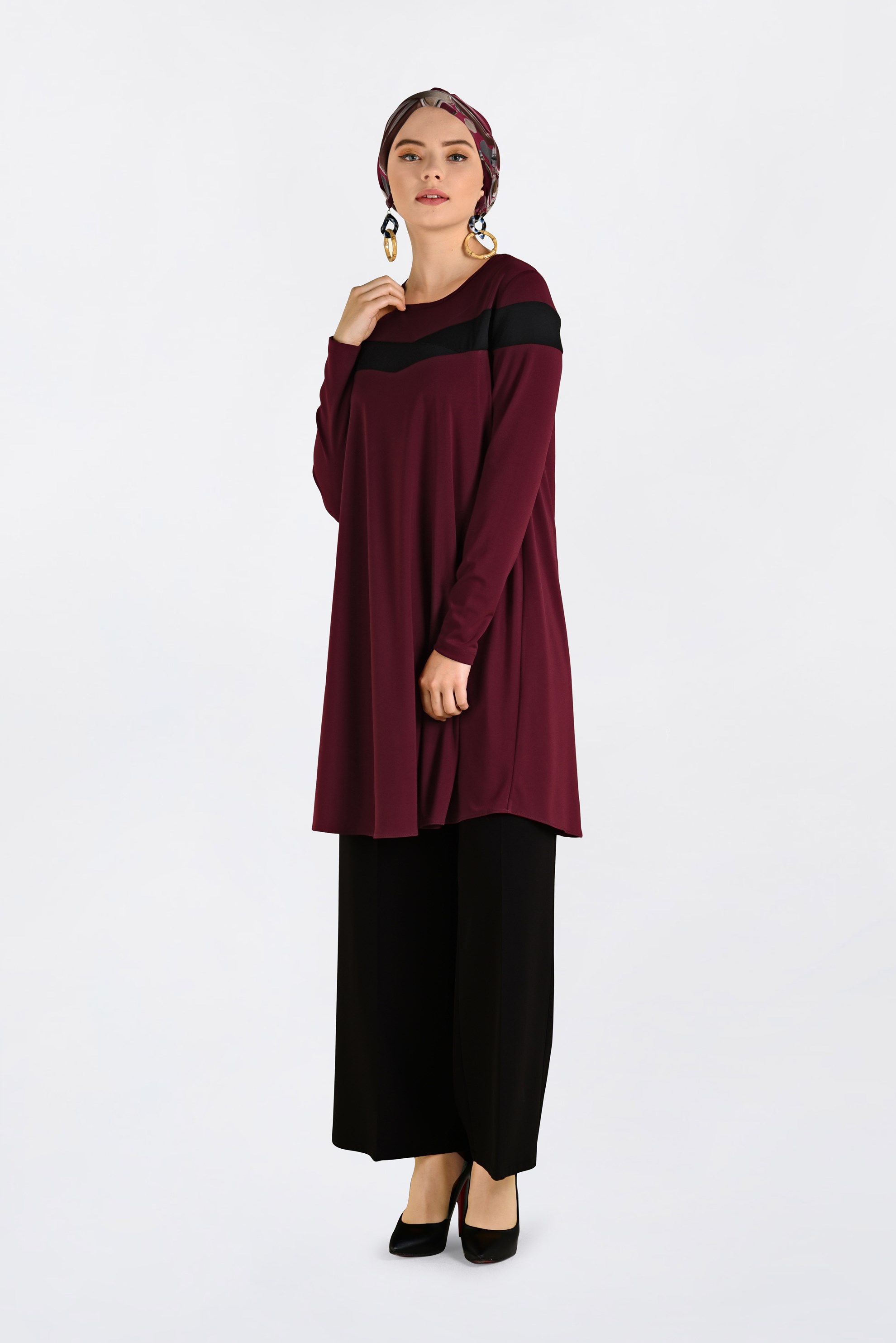 Tesettür giyim BORDO ŞERİT DETAYLI BİSİKLET YAKA TUNİK 4778 