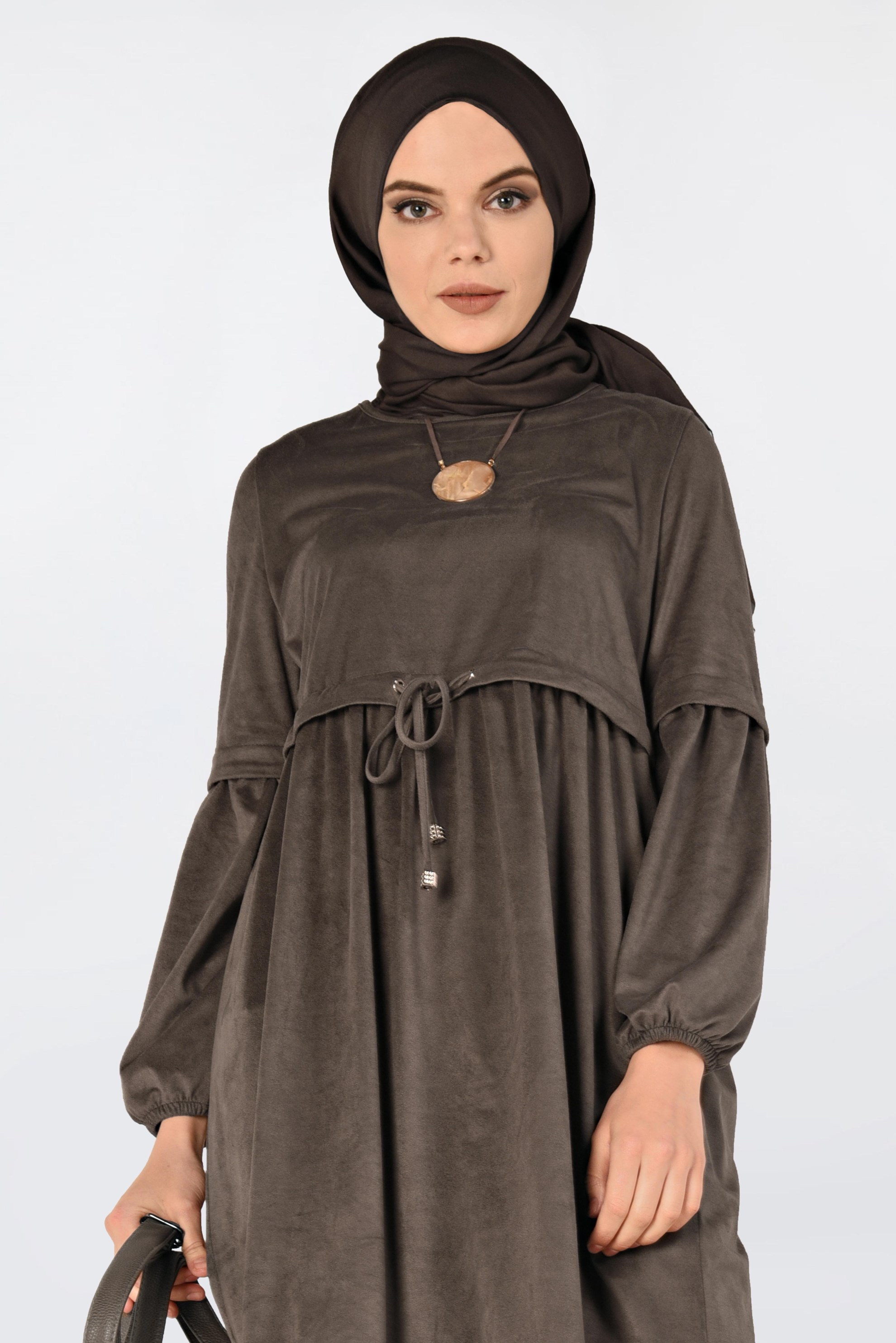 Tesettür giyim KAHVE BELİ BÜZGÜLÜ NUBUK TUNİK 4791