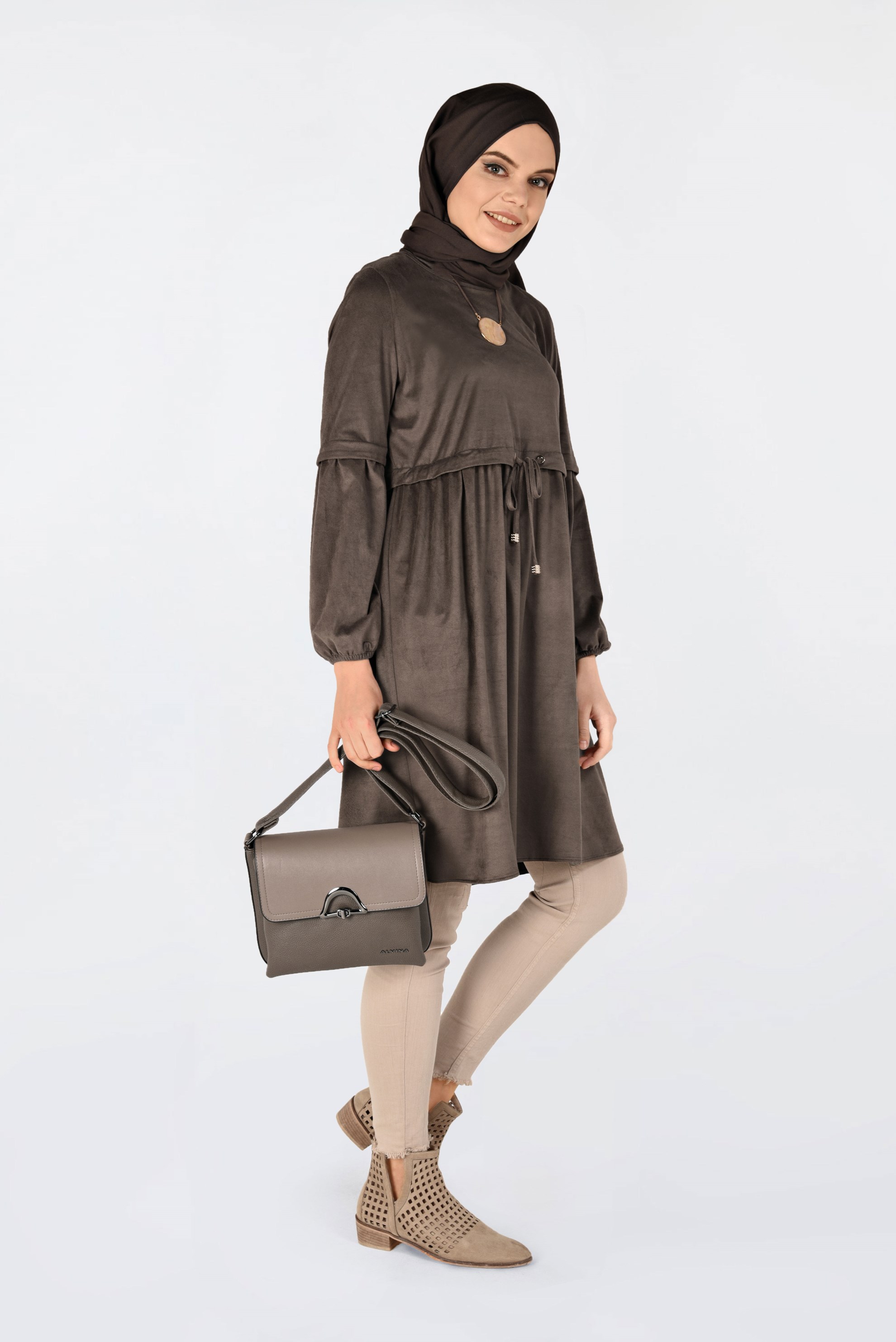 Tesettür giyim KAHVE BELİ BÜZGÜLÜ NUBUK TUNİK 4791