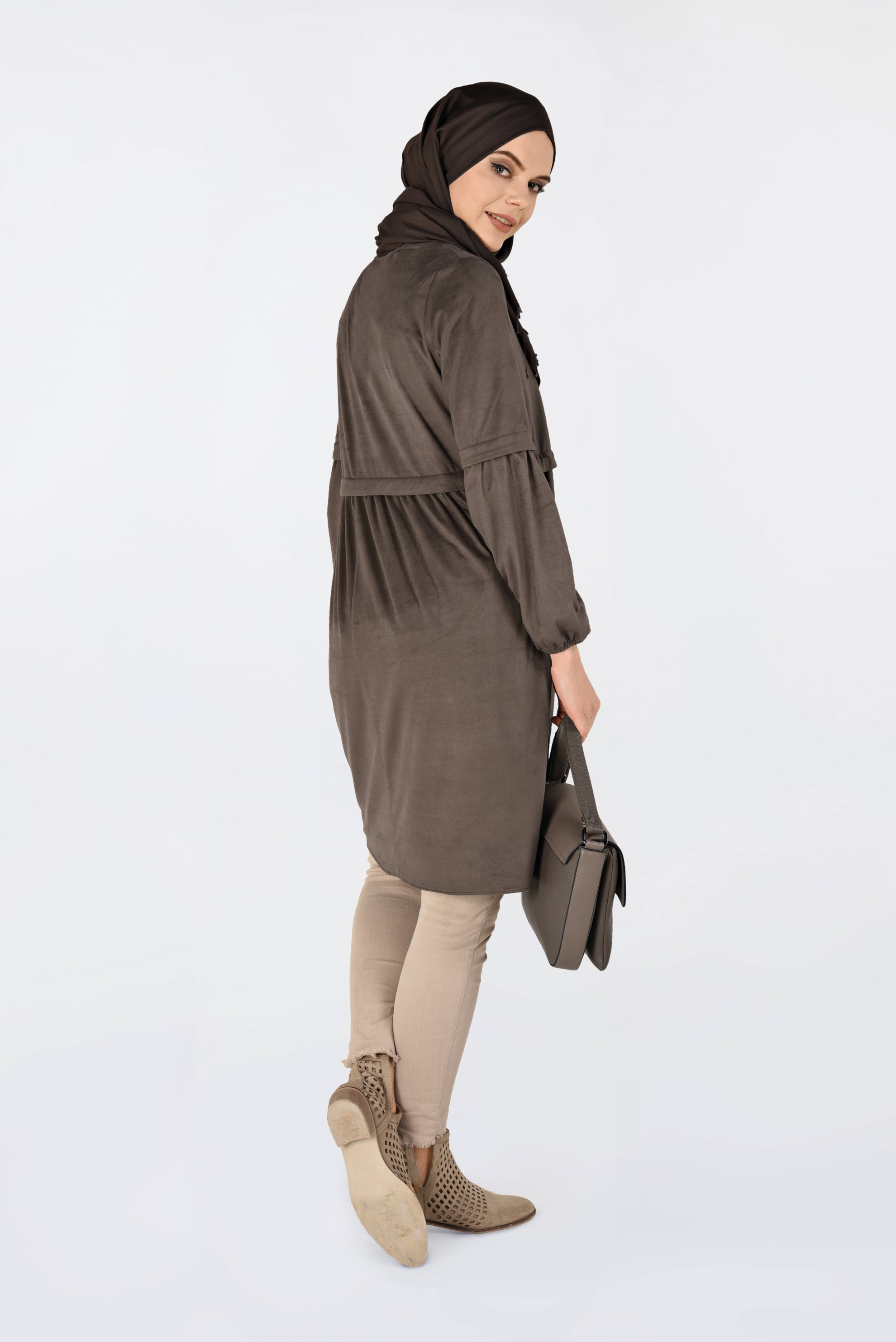 Tesettür giyim KAHVE BELİ BÜZGÜLÜ NUBUK TUNİK 4791