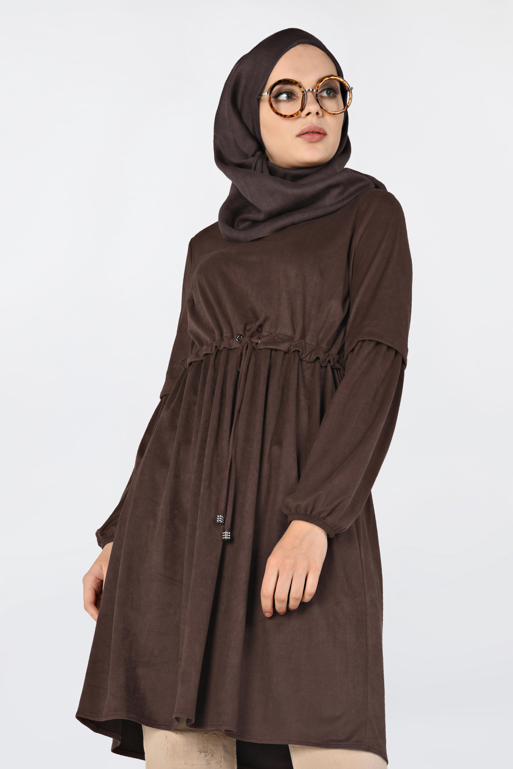 Tesettür giyim KAHVE BELİ BÜZGÜLÜ NUBUK TUNİK 4791