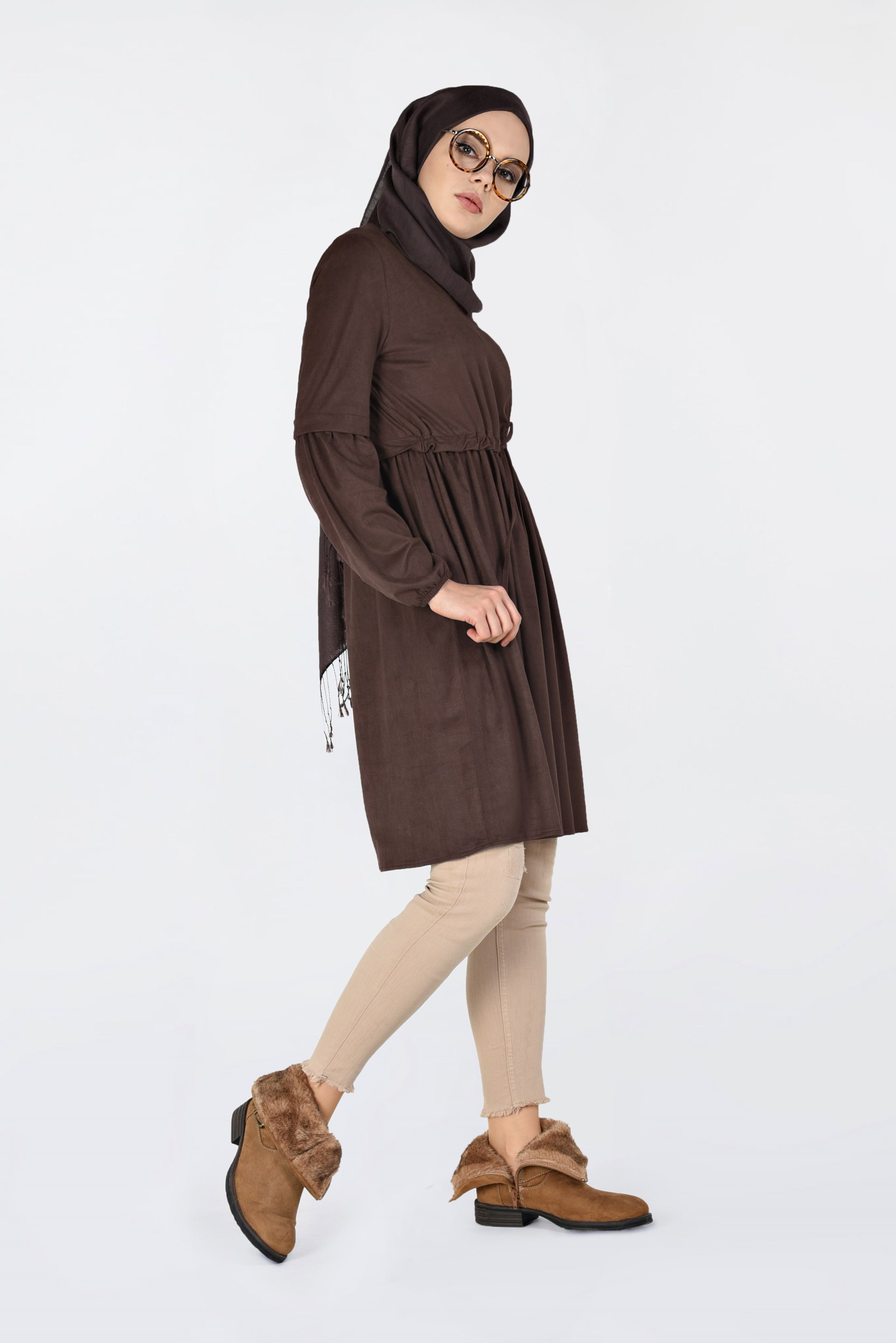 Tesettür giyim KAHVE BELİ BÜZGÜLÜ NUBUK TUNİK 4791