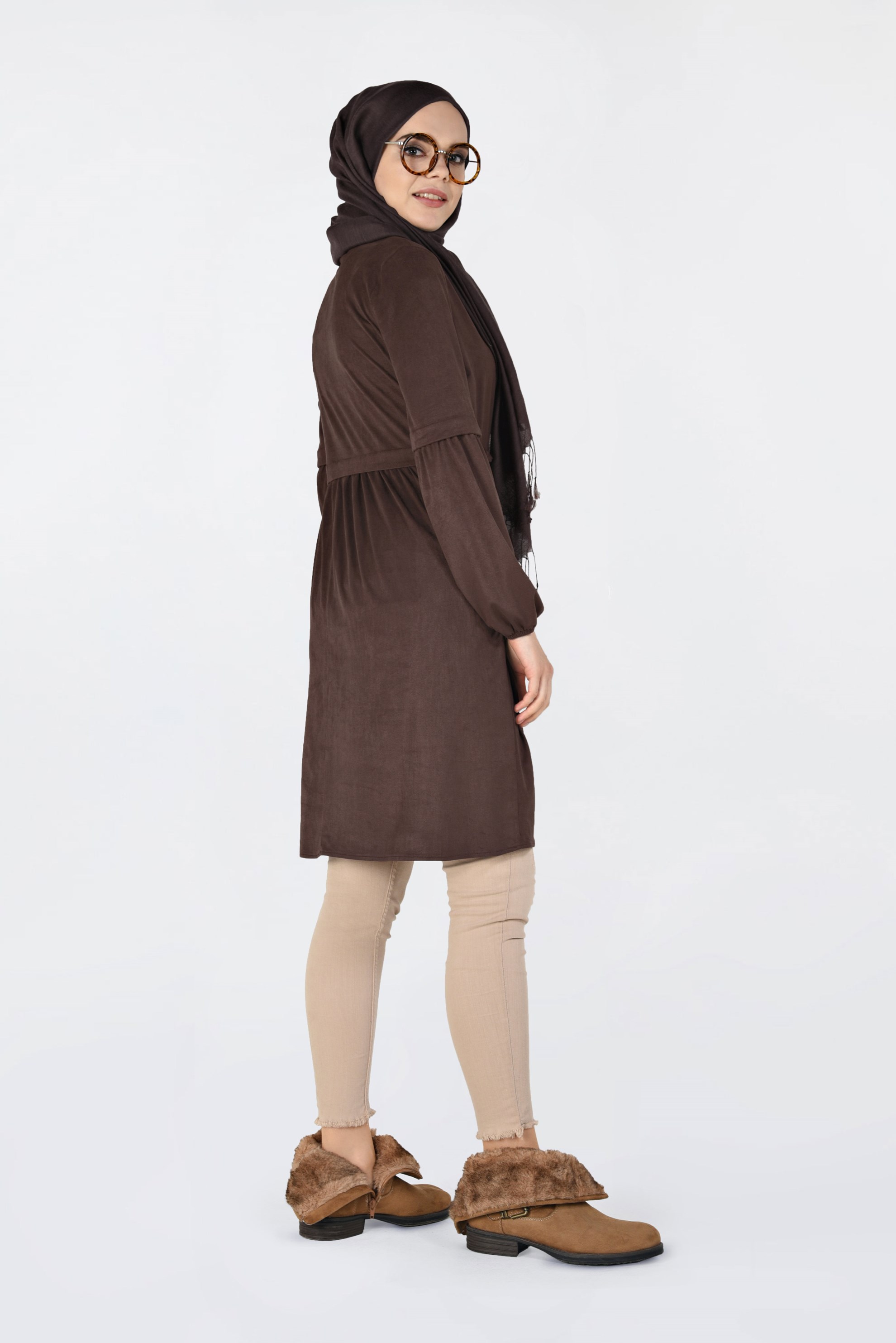 Tesettür giyim KAHVE BELİ BÜZGÜLÜ NUBUK TUNİK 4791