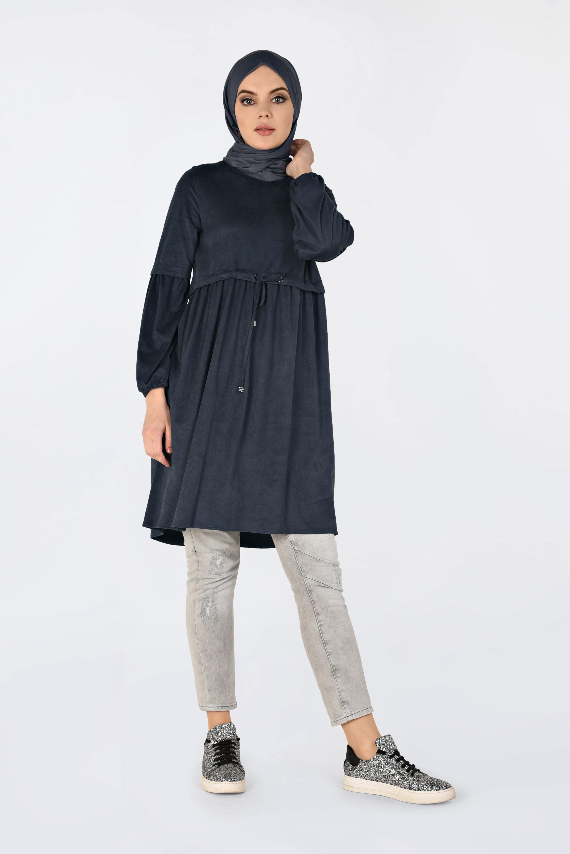 Tesettür giyim LACİVERT BELİ BÜZGÜLÜ NUBUK TUNİK 4791