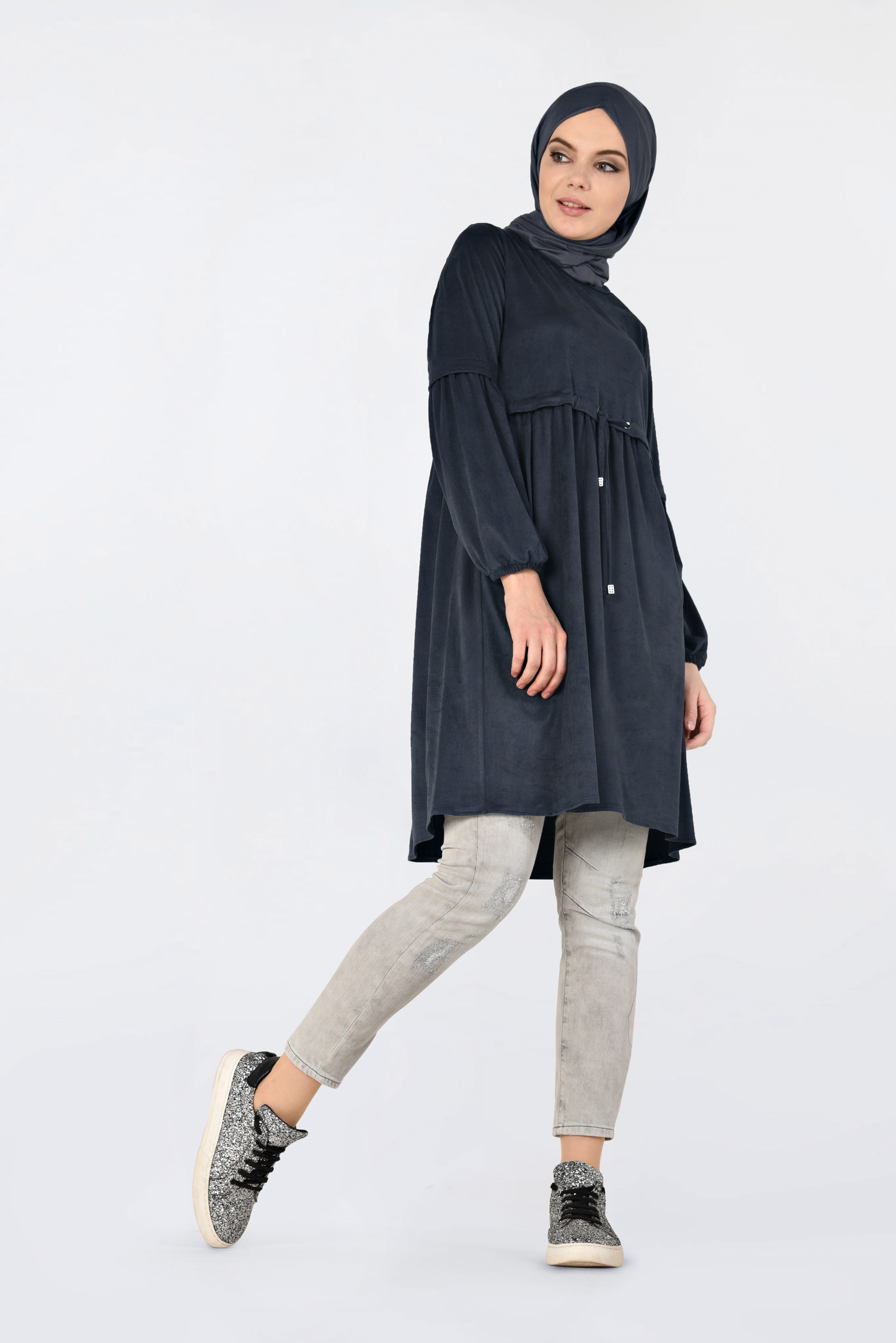Tesettür giyim LACİVERT BELİ BÜZGÜLÜ NUBUK TUNİK 4791