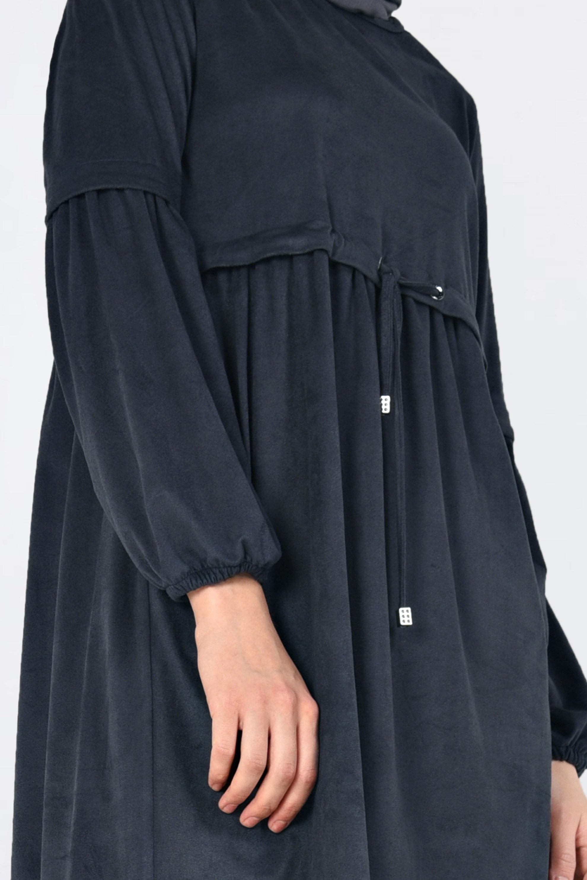 Tesettür giyim LACİVERT BELİ BÜZGÜLÜ NUBUK TUNİK 4791