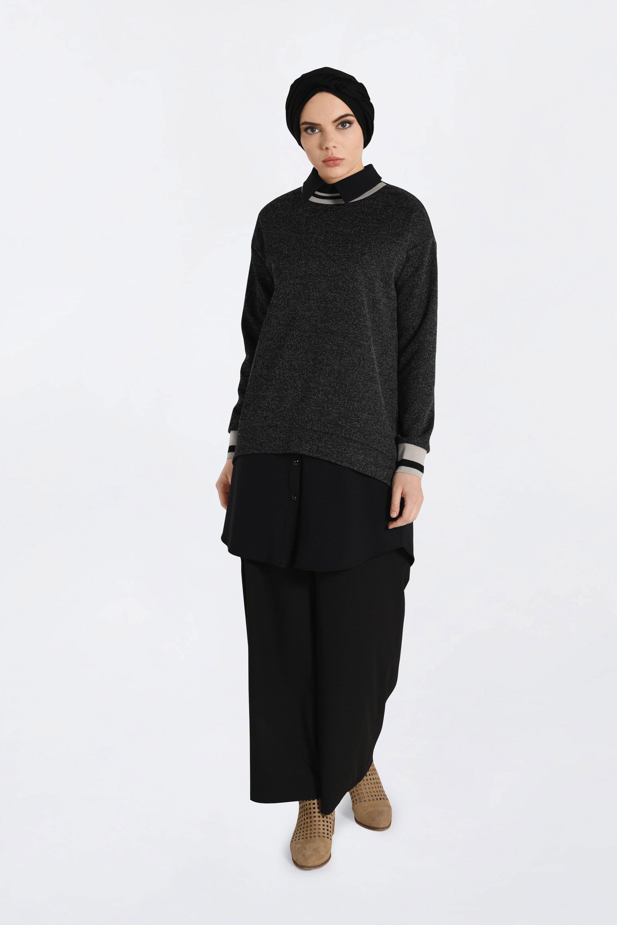 Tesettür giyim SİYAH GÖMLEK YAKA TUNİK 4792