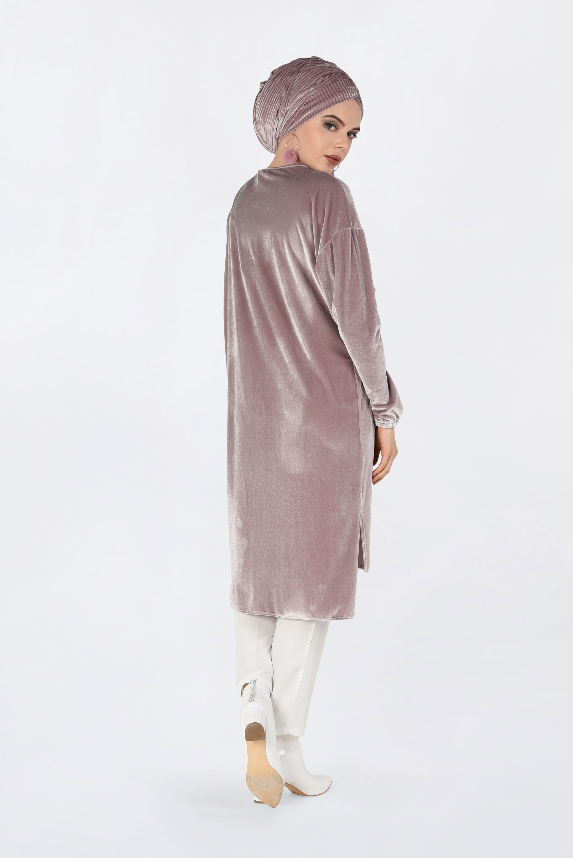 Tesettür giyim PUDRA NAKIŞLI KADİFE TUNİK 4794 