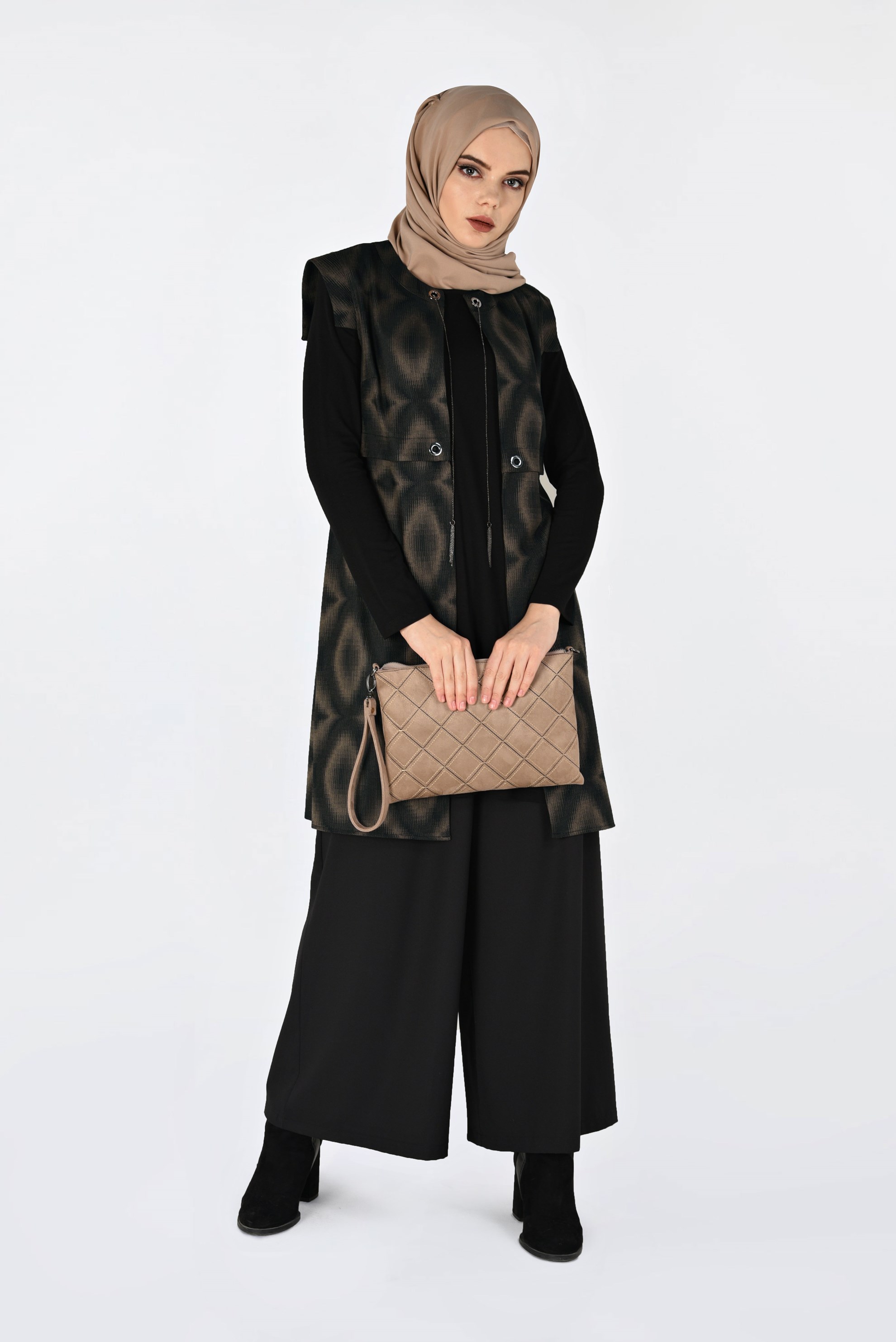 Tesettür giyim SİYAH DESENLİ ZİNCİR DETAYLI 2Lİ TUNİK 4796