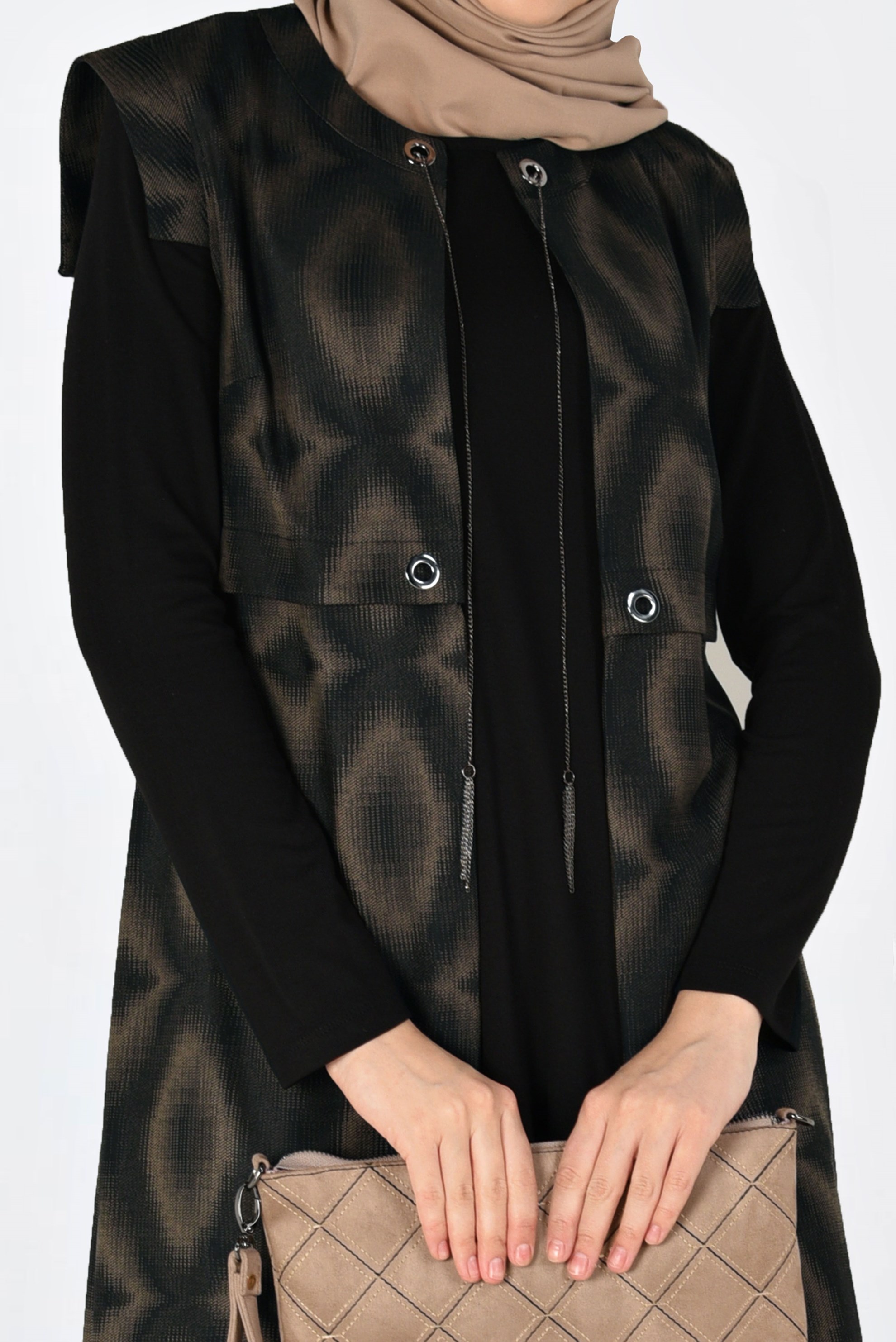 Tesettür giyim SİYAH DESENLİ ZİNCİR DETAYLI 2Lİ TUNİK 4796