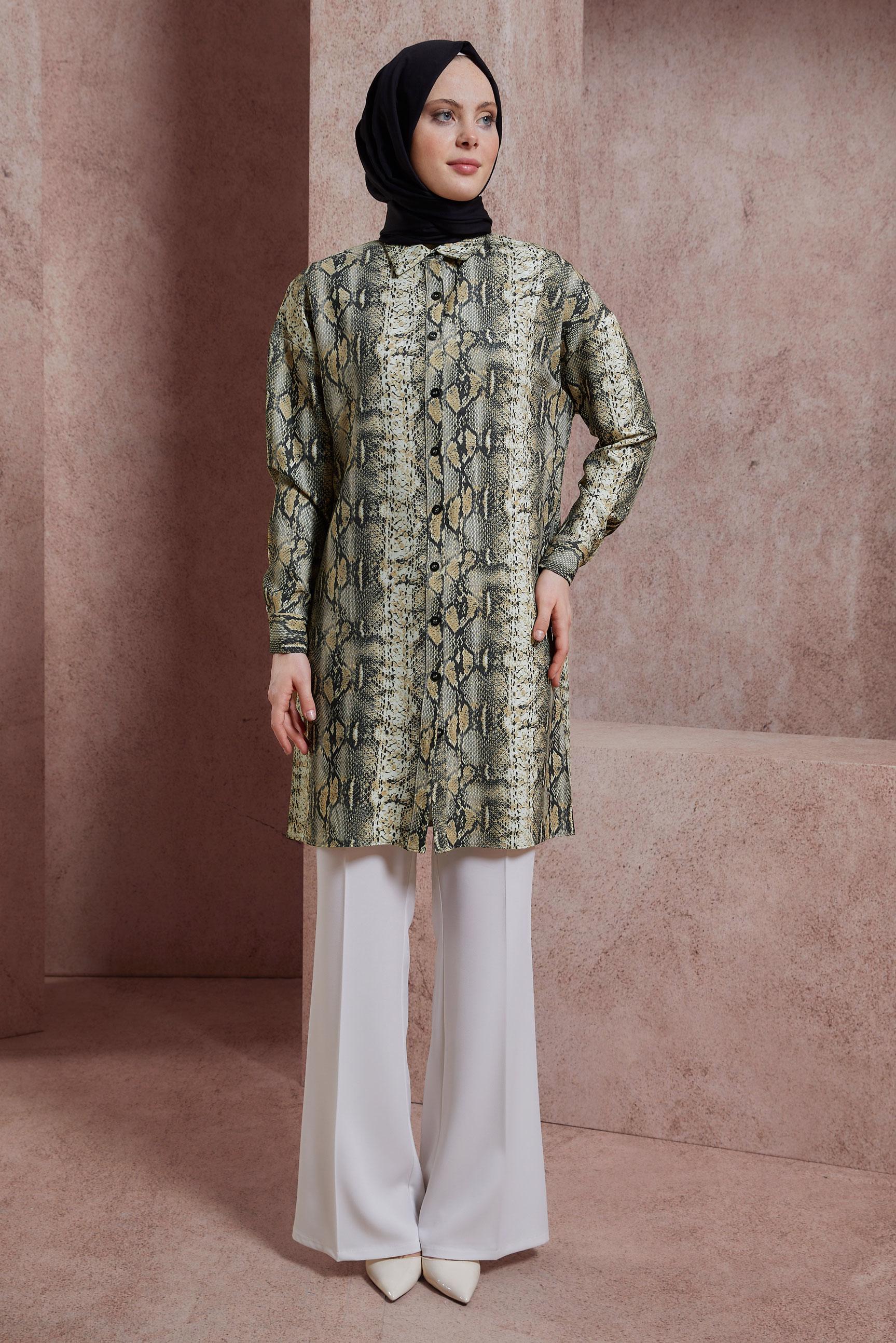 Tesettür giyim KAHVE YILAN DERİSİ DESENLİ TUNİK 4807 