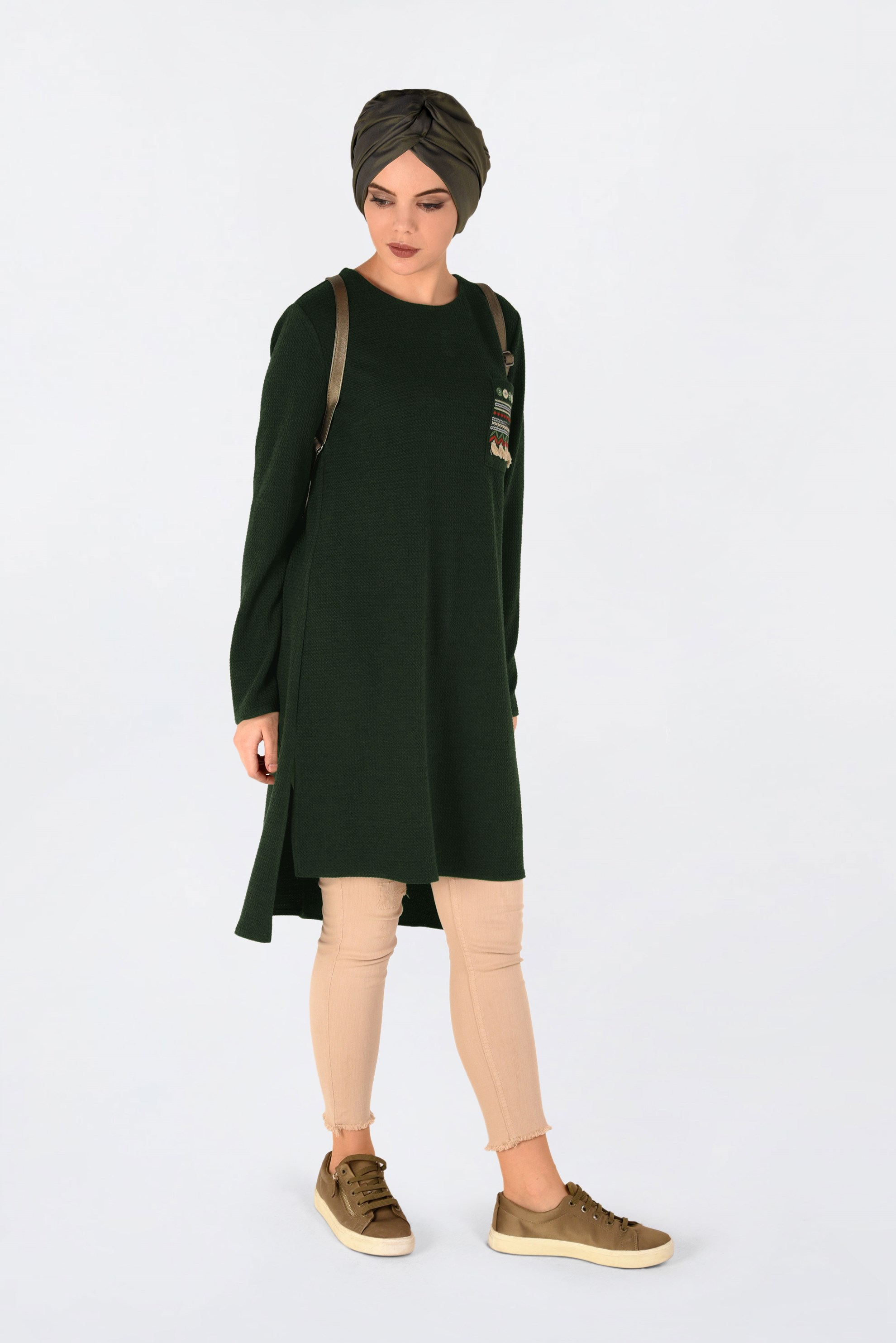 Tesettür giyim HAKİ YANLARI YIRTMAÇLI TUNİK 4826 