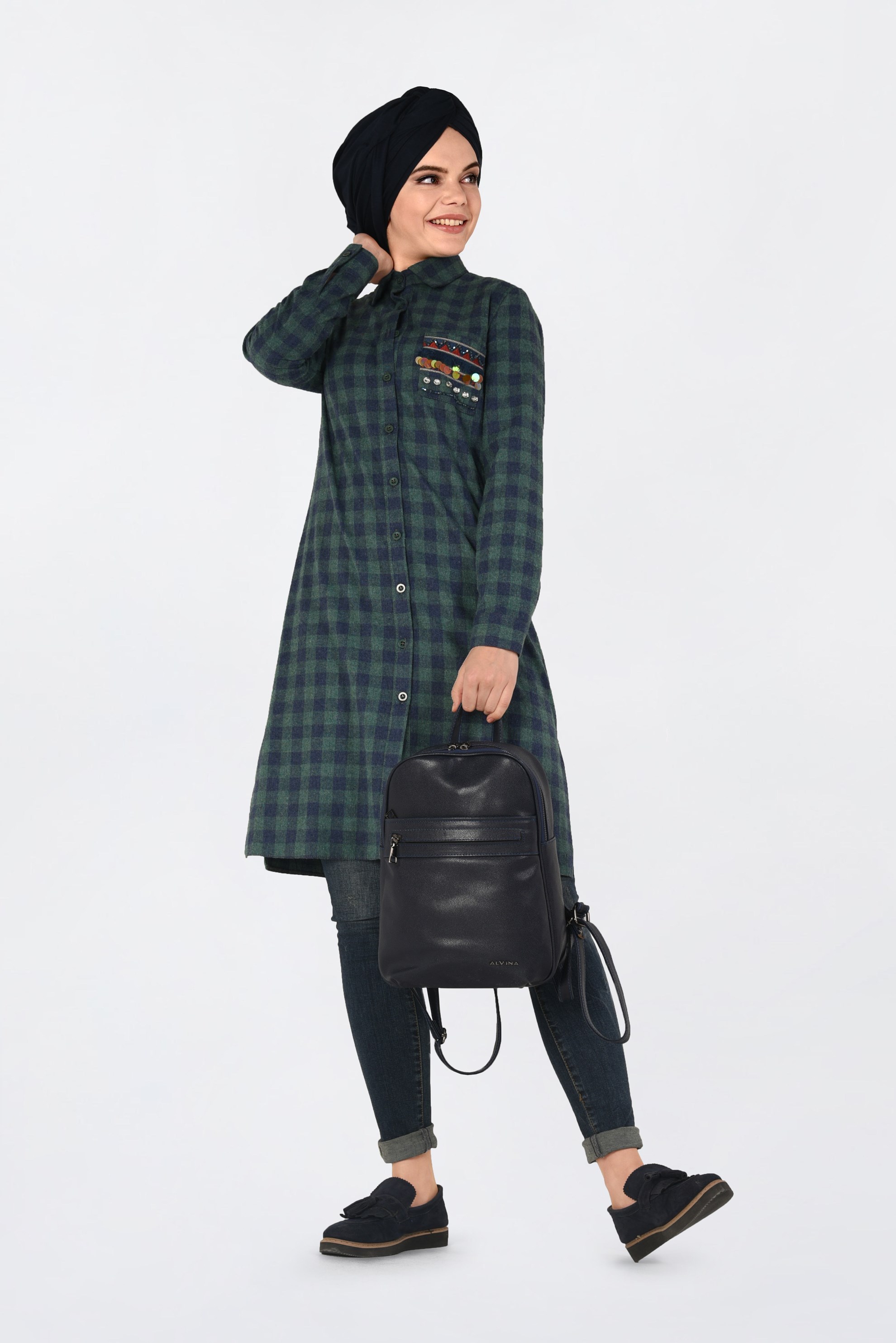 Tesettür giyim LACİVERT KARELİ CEP DETAYLI TUNİK 4827