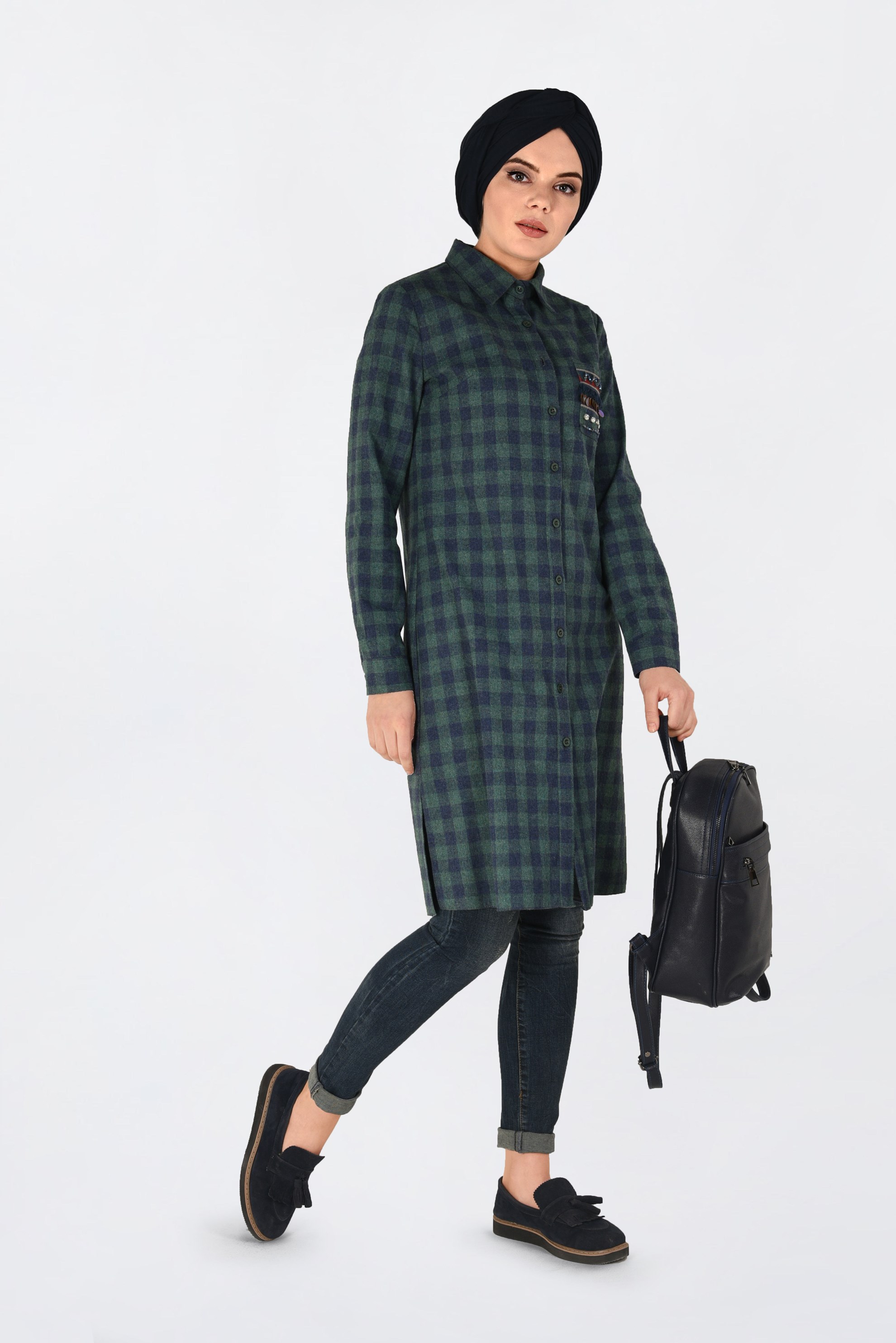 Tesettür giyim LACİVERT KARELİ CEP DETAYLI TUNİK 4827