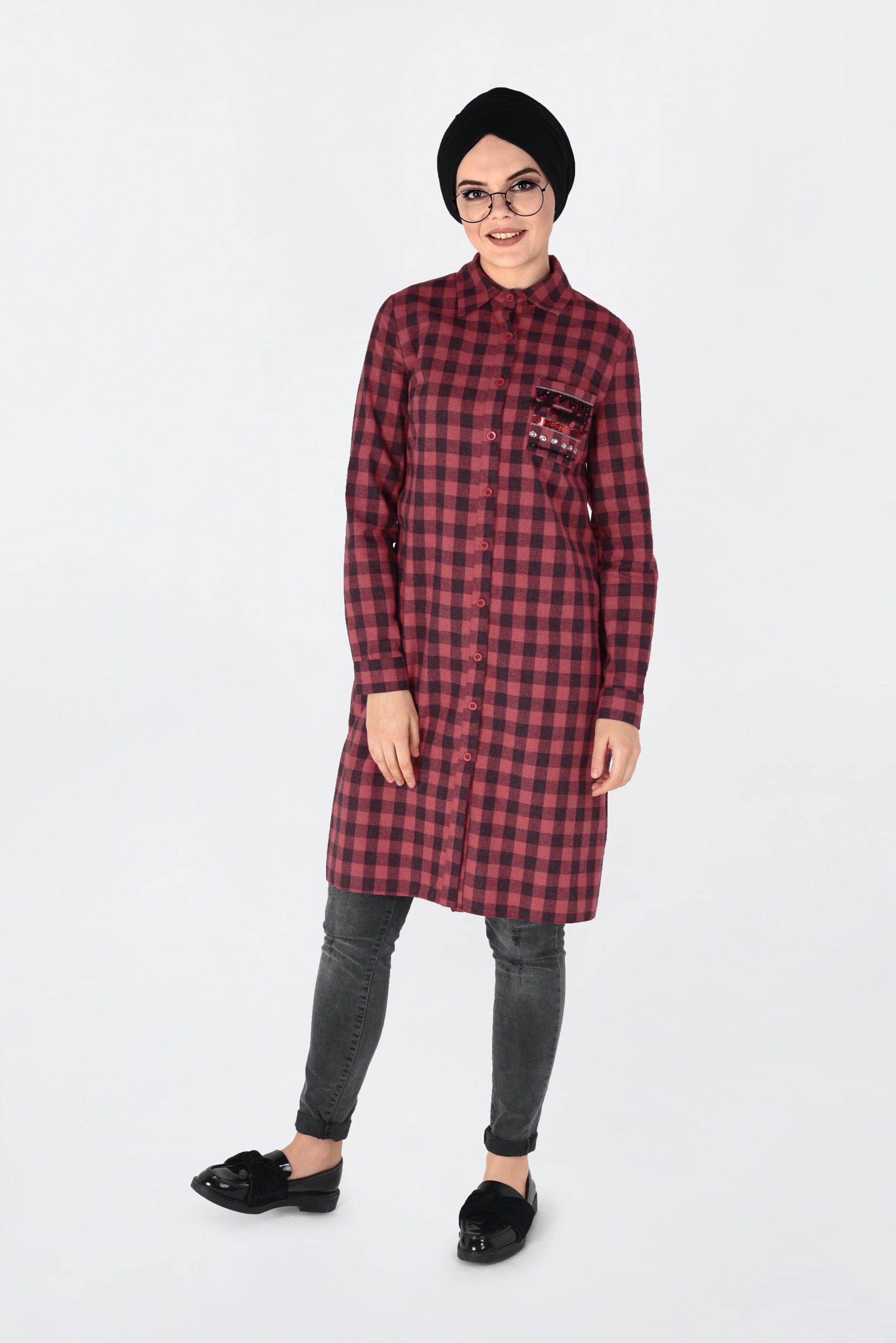 Tesettür giyim GRİ KARELİ CEP DETAYLI TUNİK 4827