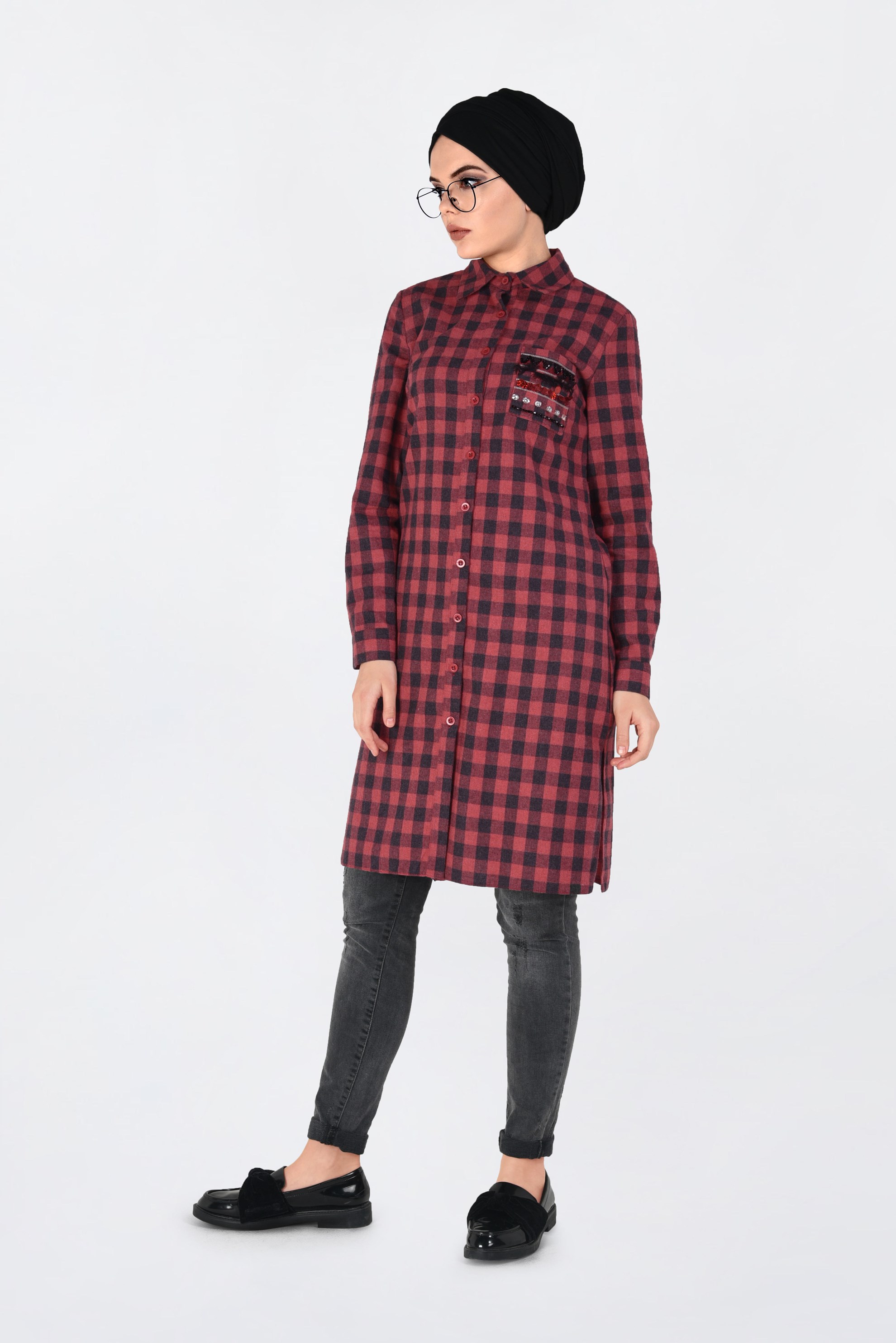 Tesettür giyim GRİ KARELİ CEP DETAYLI TUNİK 4827