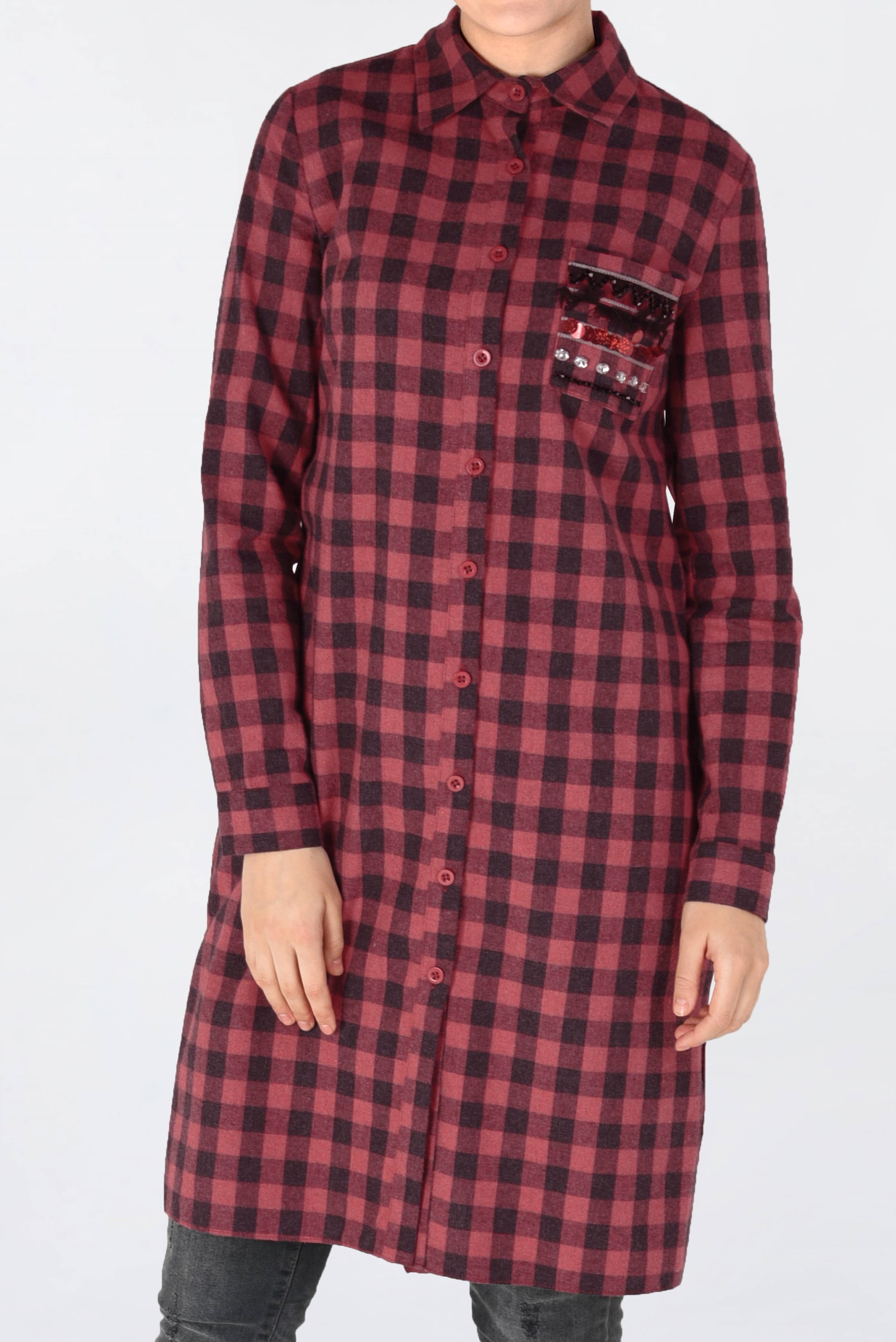 Tesettür giyim GRİ KARELİ CEP DETAYLI TUNİK 4827