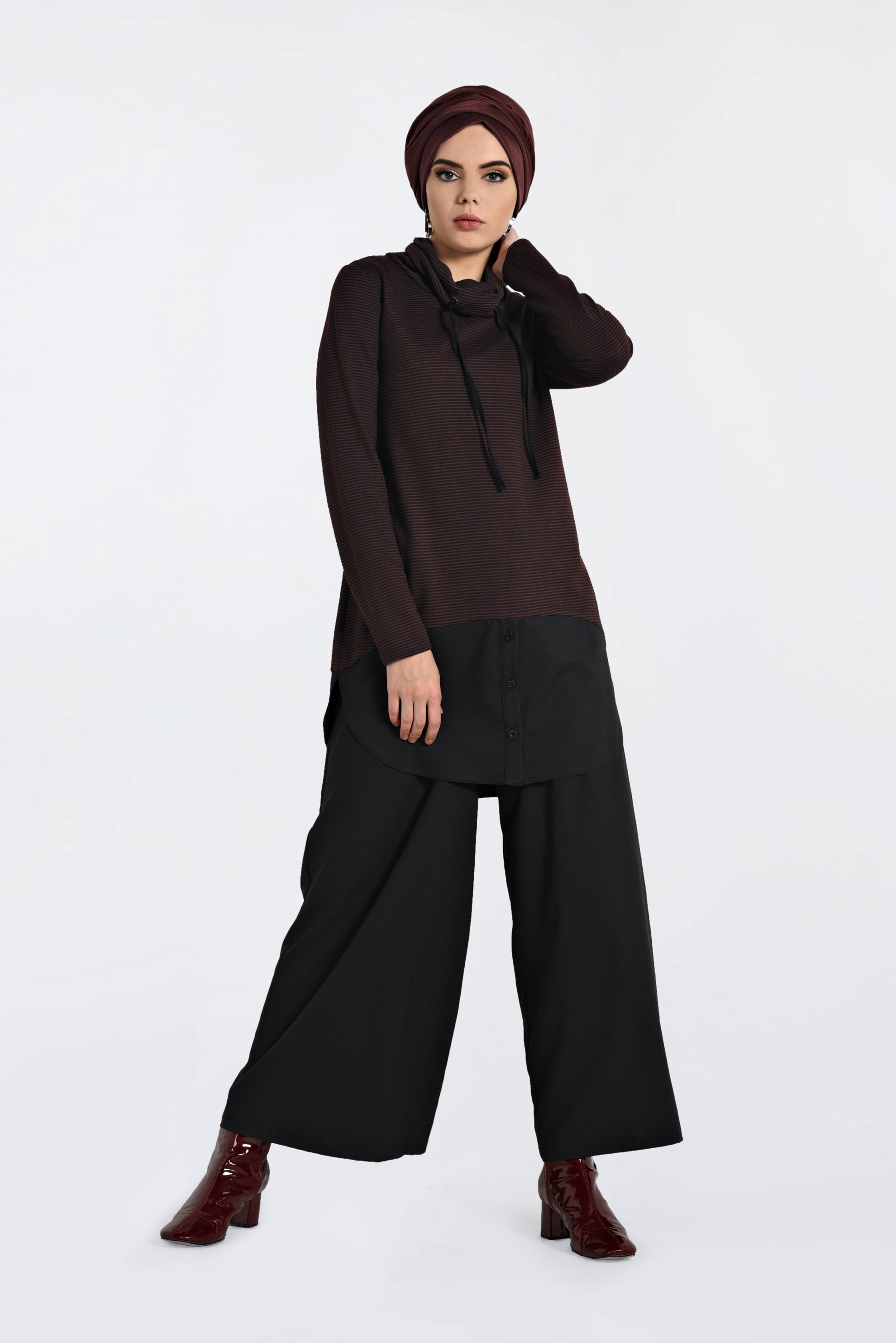 Tesettür giyim BORDO YAKASI BAĞCIKLI FİTİLLİ TUNİK 4831 