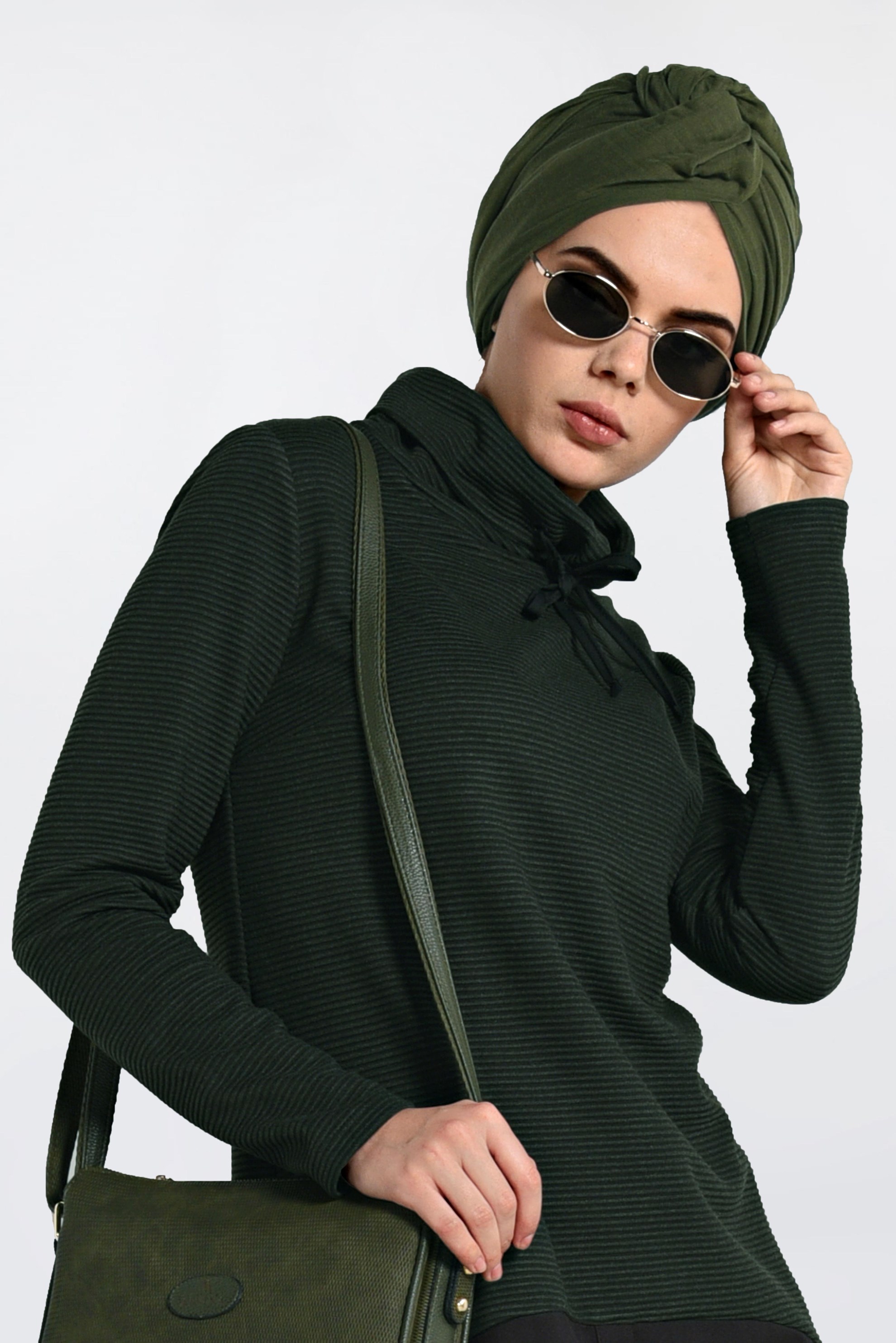 Tesettür giyim HAKİ YAKASI BAĞCIKLI FİTİLLİ TUNİK 4831 