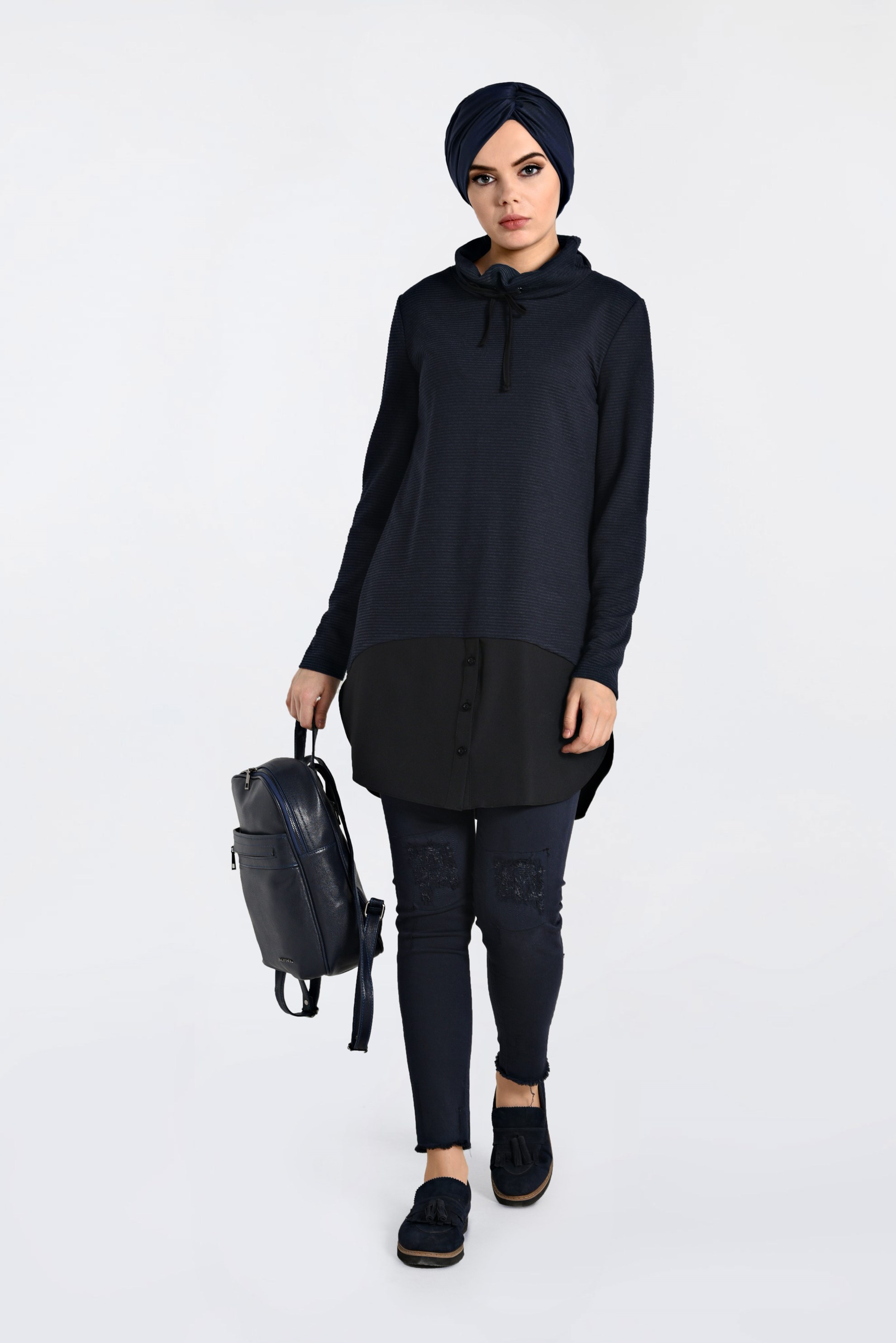 Tesettür giyim LACİVERT YAKASI BAĞCIKLI FİTİLLİ TUNİK 4831 